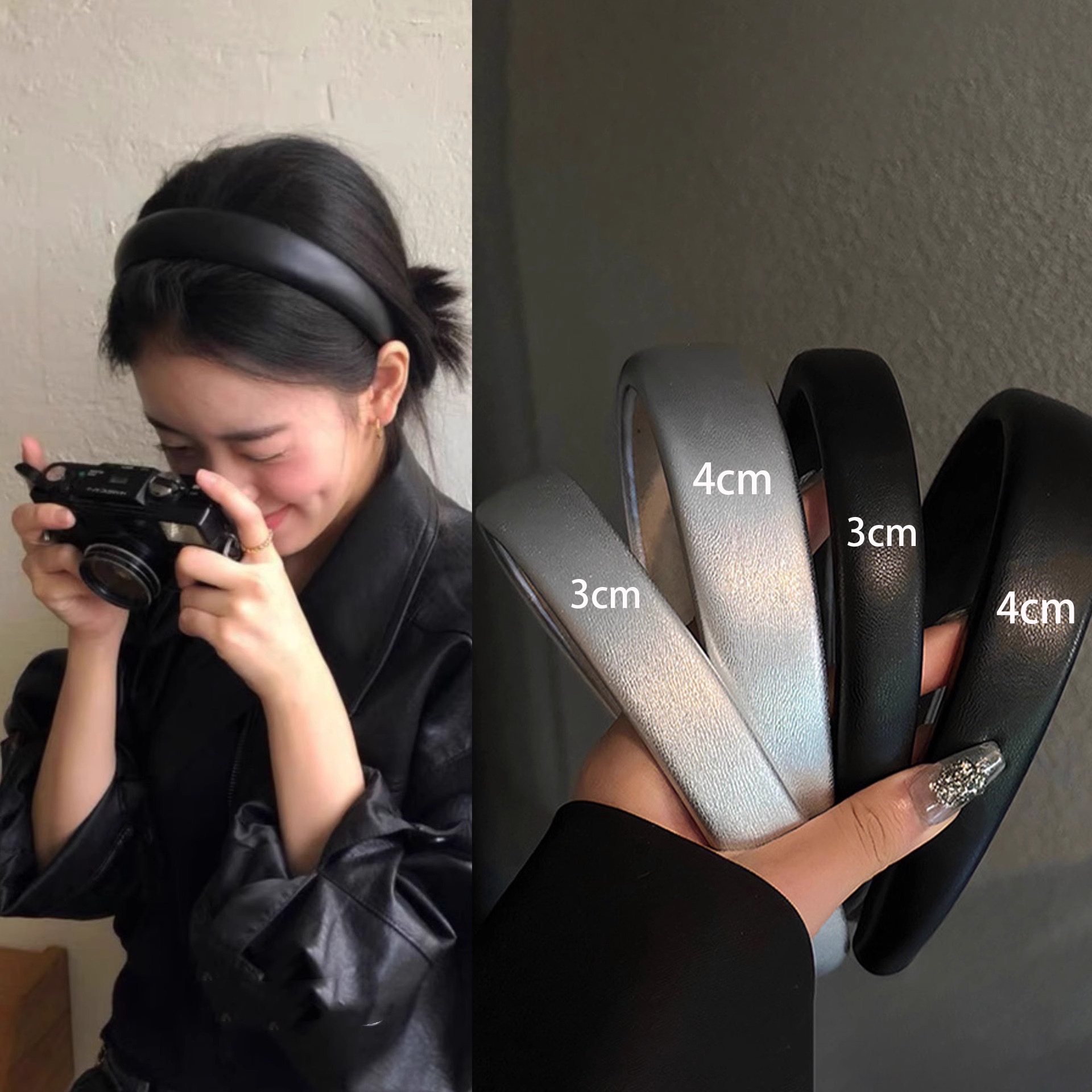 韩国ins博主同款纯黑色pu皮质厚发箍高颅顶显脸小头箍百搭发头饰 产品图