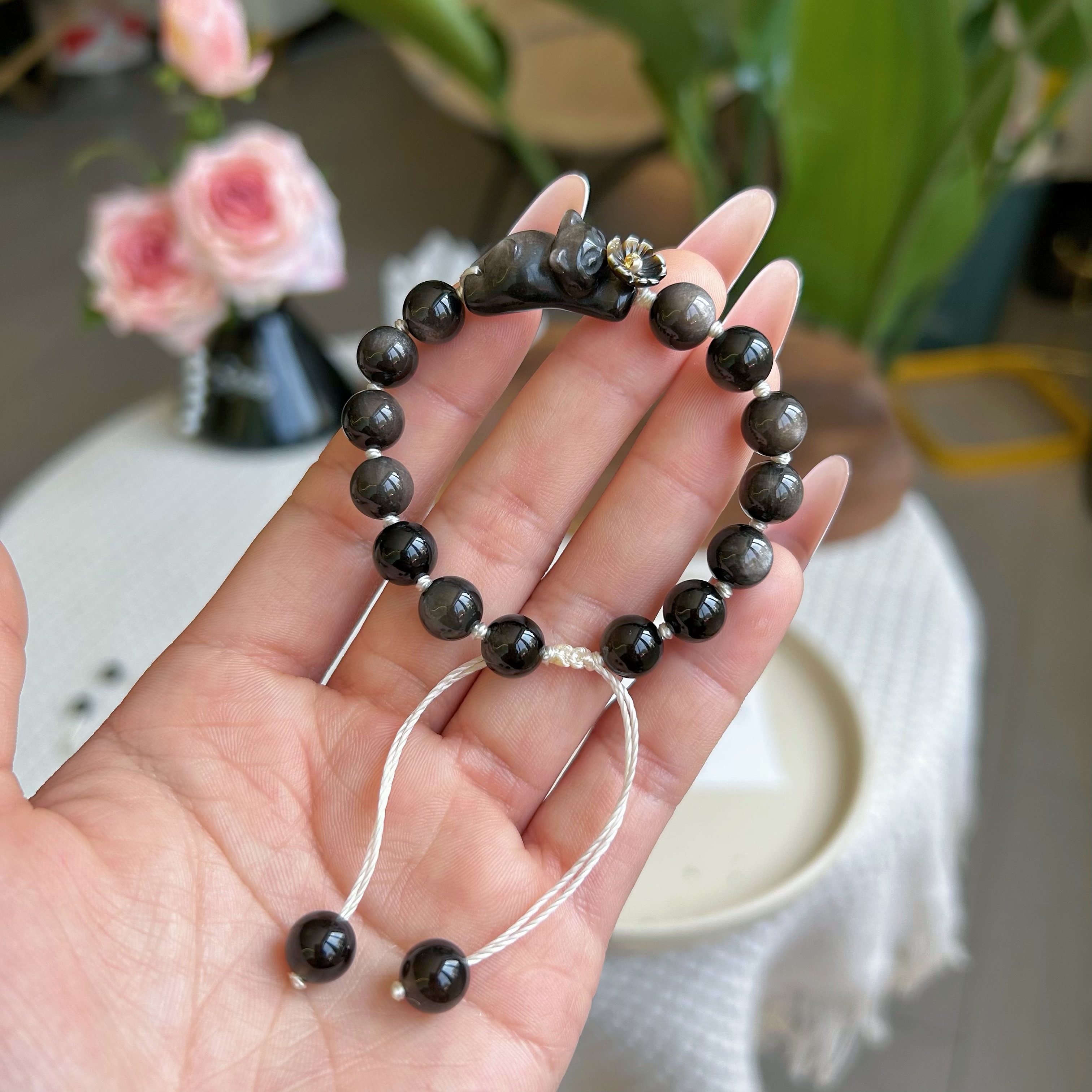 天然银曜石猫咪编绳手链可调节天然银曜石手串小众设计厂家批发详情图2