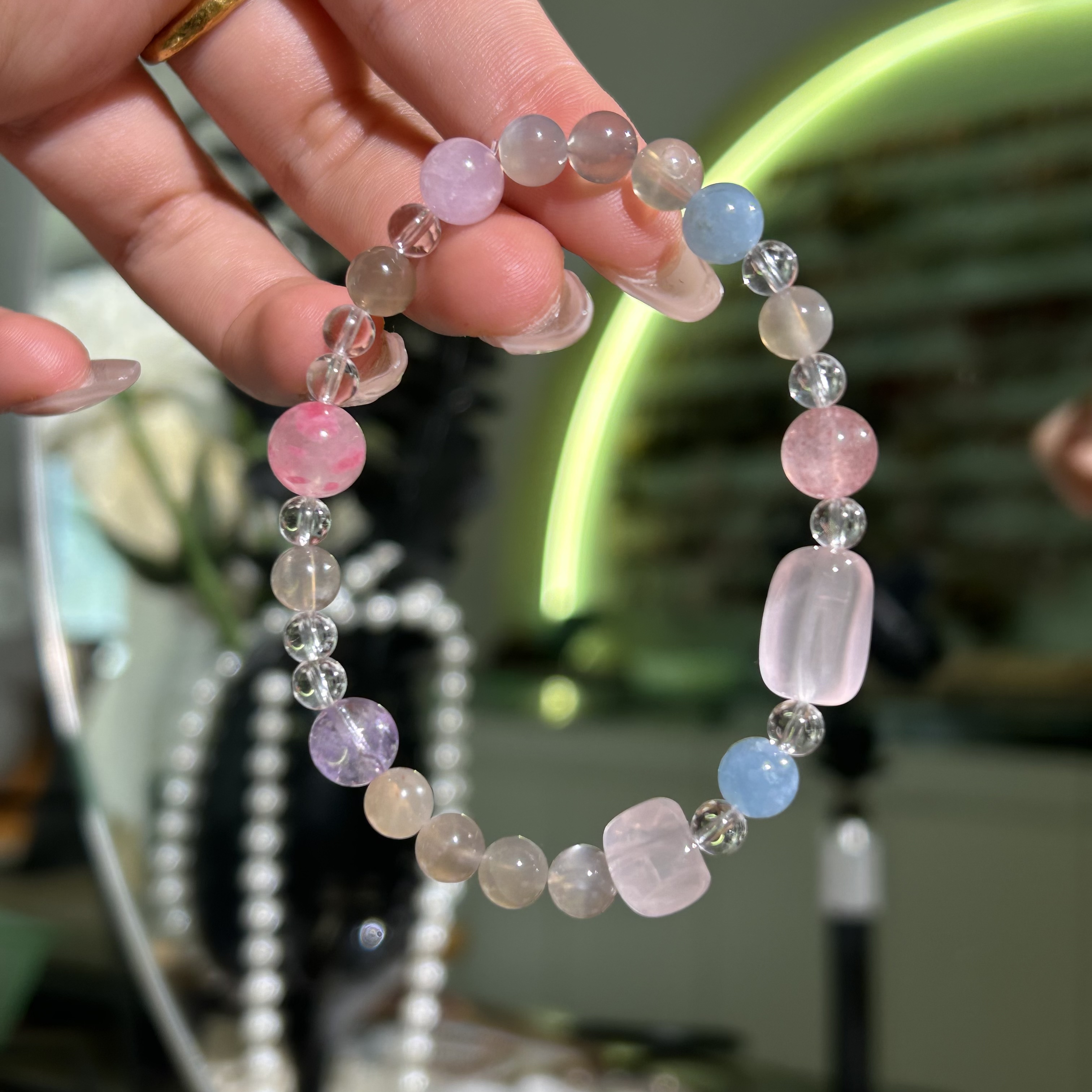 天然多宝水晶6mm单圈手链海蓝宝白水晶粉晶随行马粉手串设计款详情图5