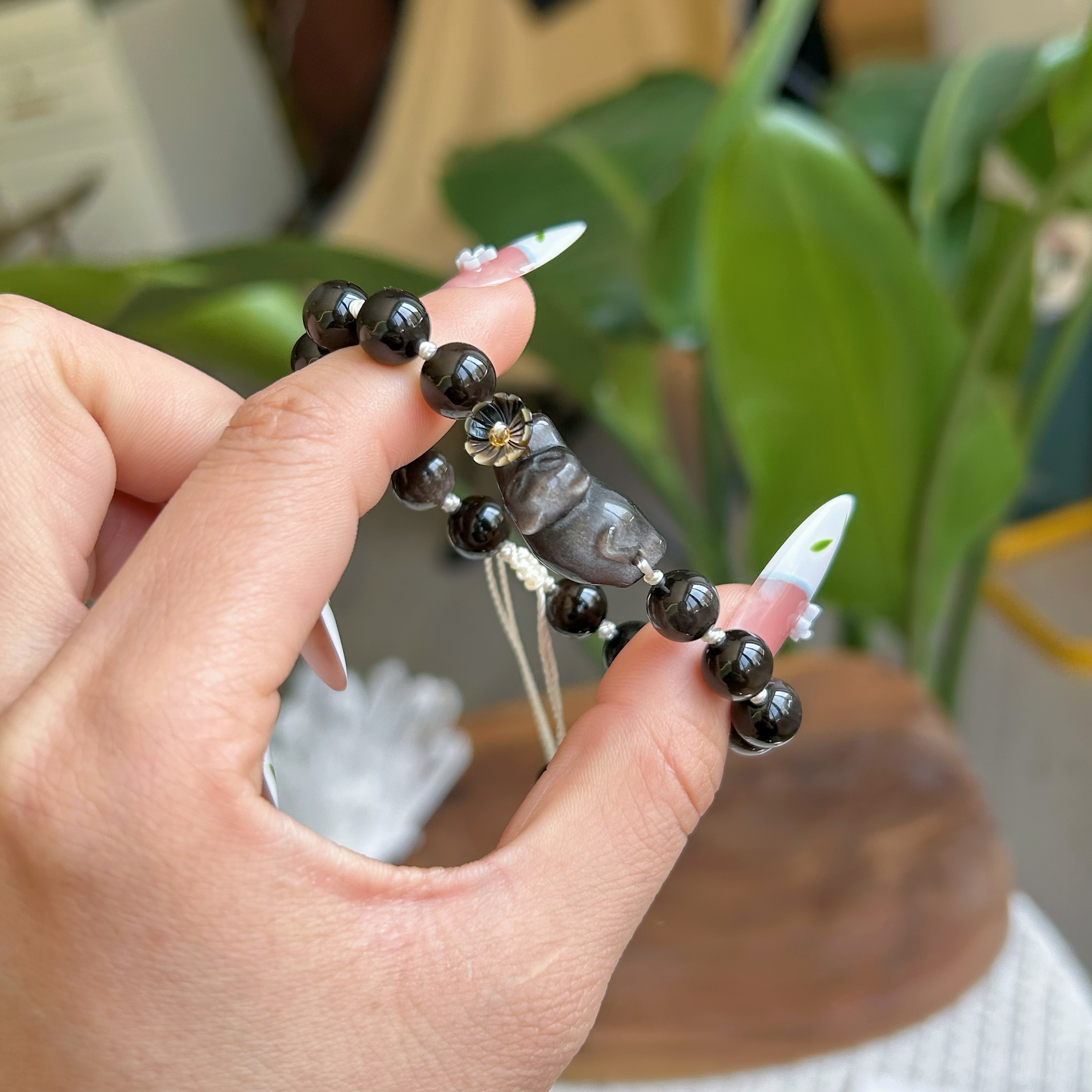 天然银曜石猫咪编绳手链可调节天然银曜石手串小众设计厂家批发详情图4