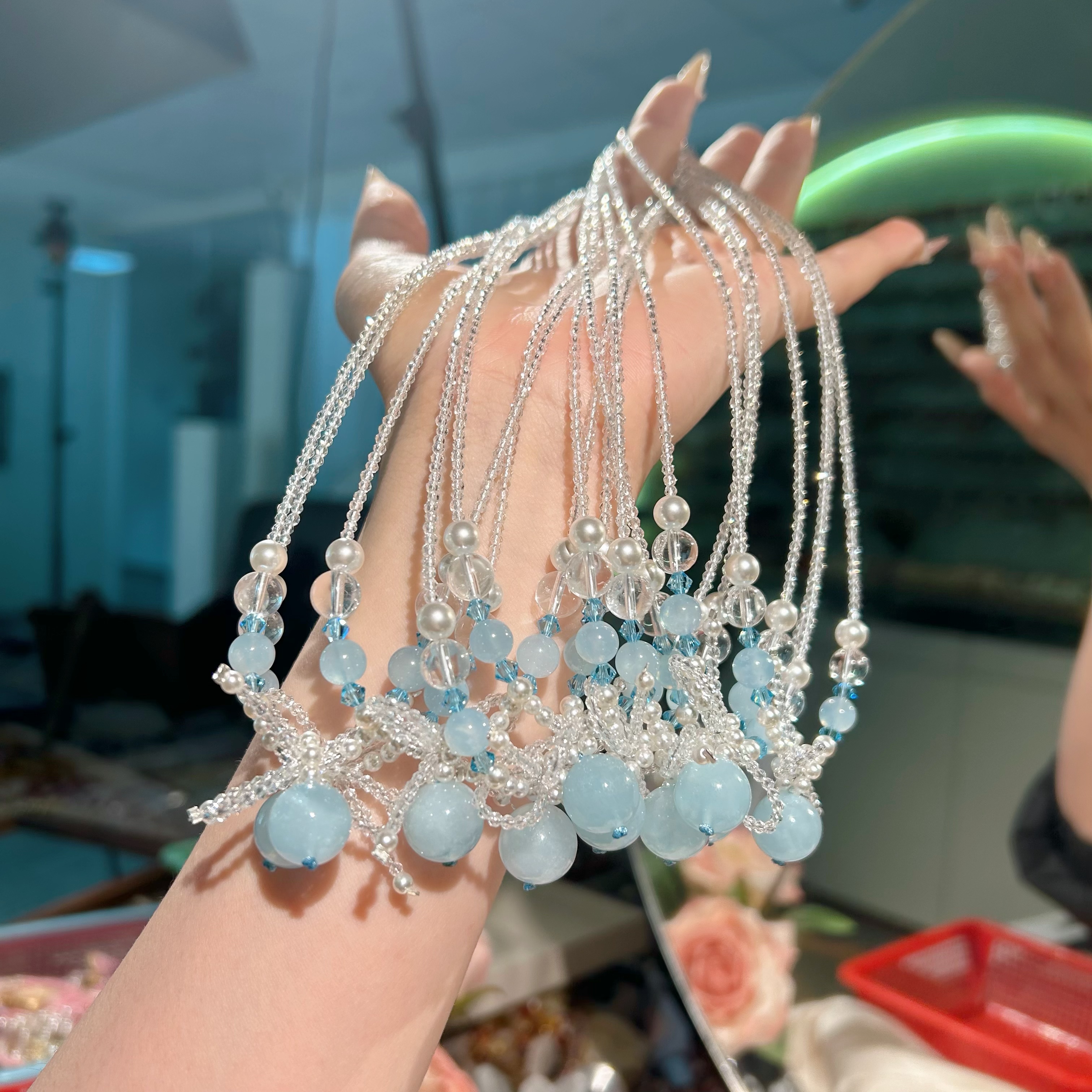 新款夏季海盐蓝海蓝宝蝴蝶结项链清冷感白水晶锁骨链小红书爆款