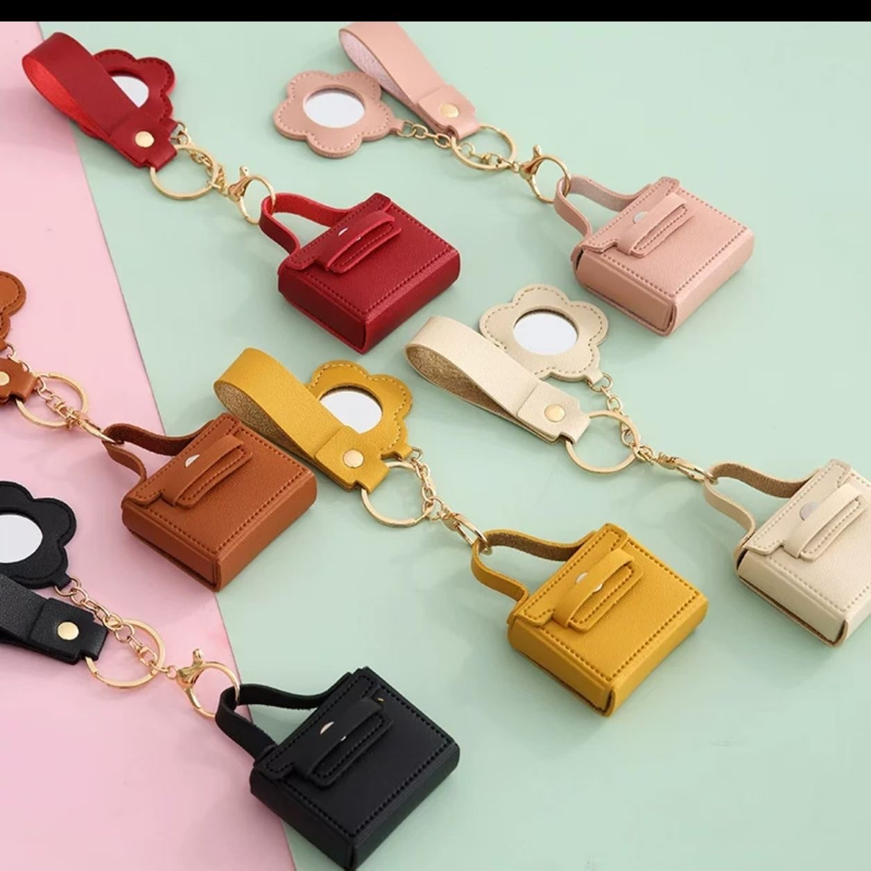 创意迷你小方包钥匙扣PU皮革珍珠编织包包挂件女生高级感配饰