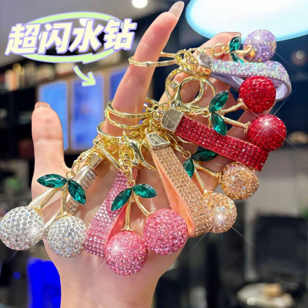Amazon's best-selling cute and realistic water diamond cherry keychain, a baby car bag pendant with a full diamond of clay and cherries detail image 3