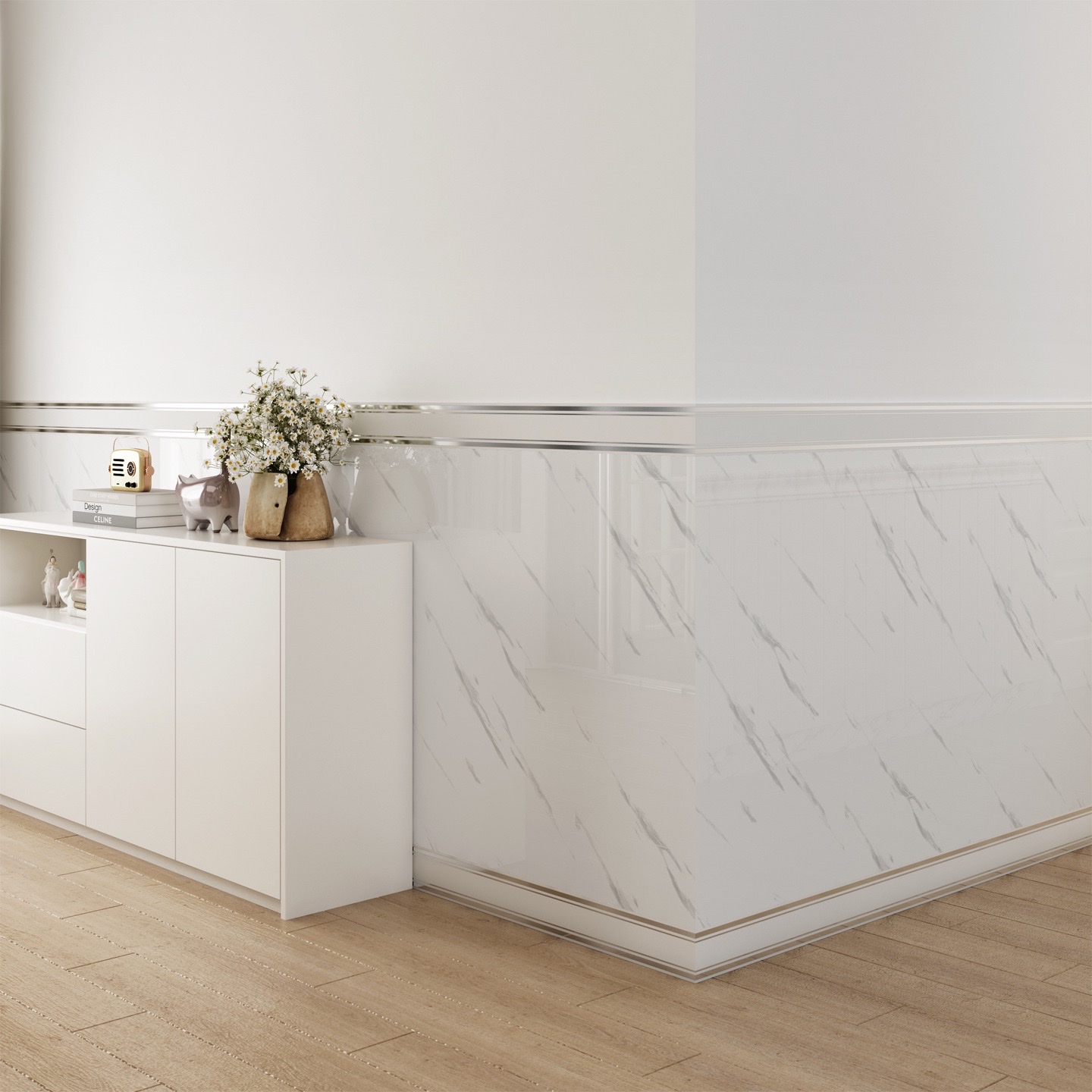 Cross-border skirting board, self-adhesive thickened skirting board, wall stickers, window sill waistline, imitation tile stickers, marble waterproof wall stickers Application Scenario