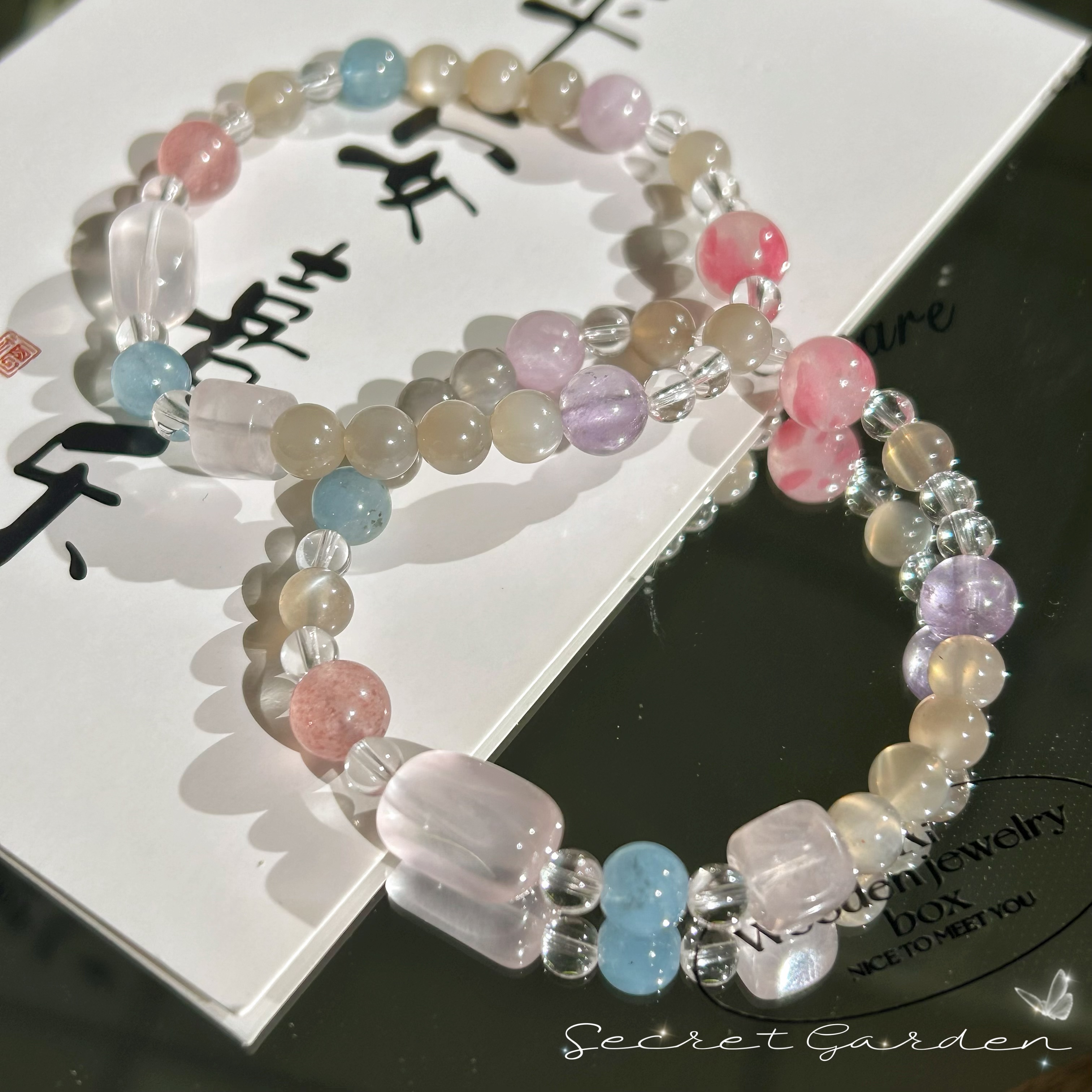 天然多宝水晶6mm单圈手链海蓝宝白水晶粉晶随行马粉手串设计款细节图