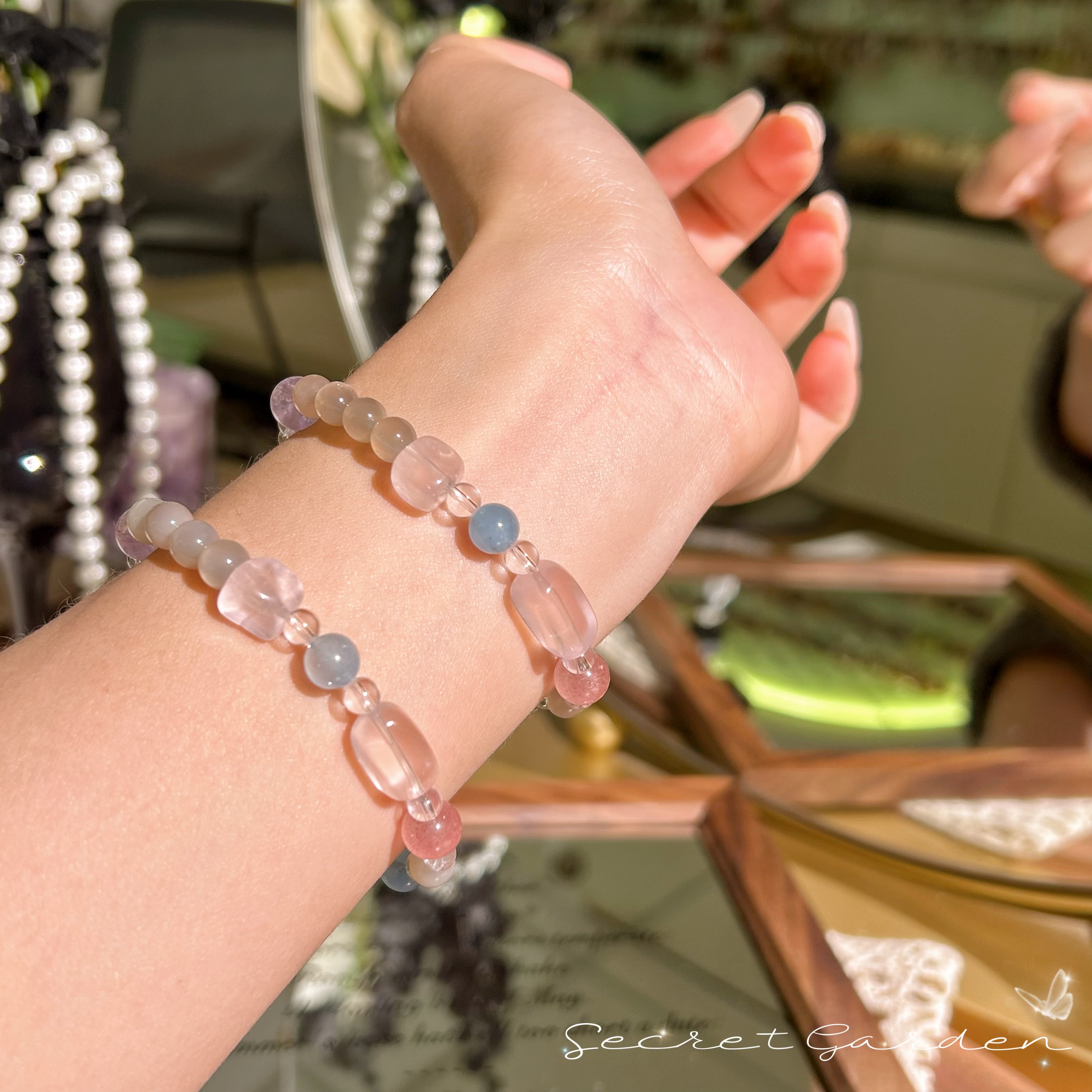 天然多宝水晶6mm单圈手链海蓝宝白水晶粉晶随行马粉手串设计款产品图