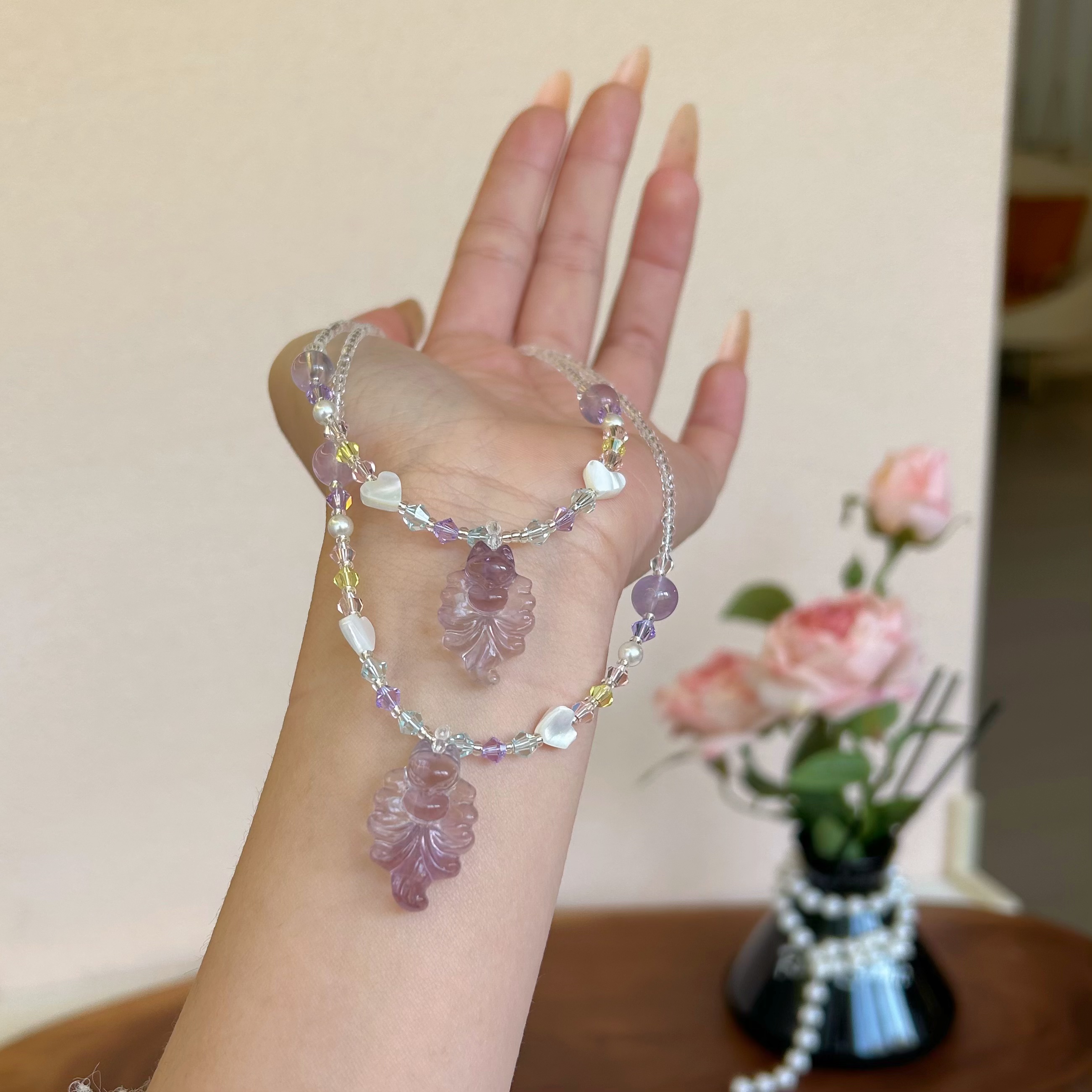 新款天然紫水晶九尾狐吊坠项链ins风串珠锁骨链夏季百搭显瘦爆款