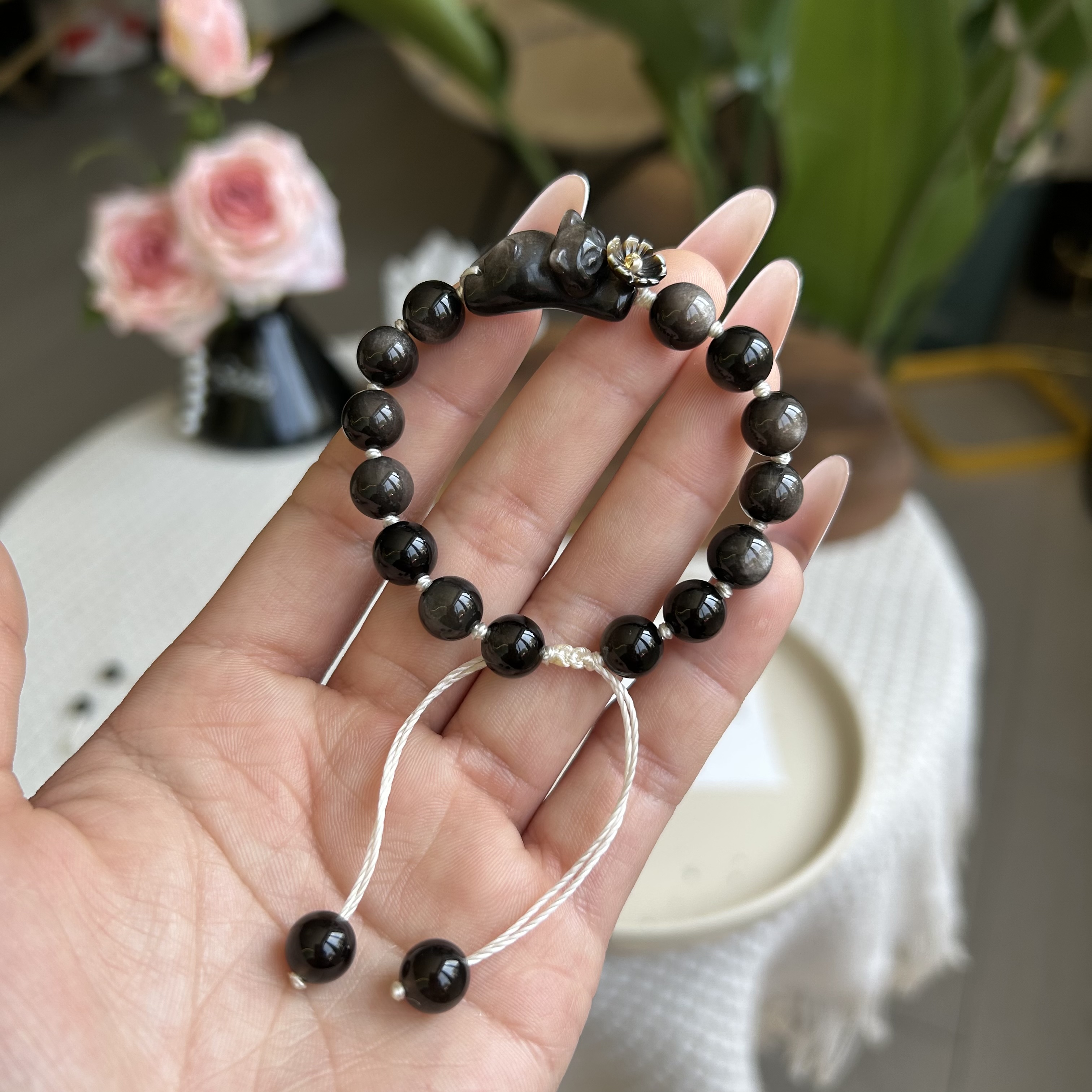 天然银曜石猫咪编绳手链可调节天然银曜石手串小众设计厂家批发产品图