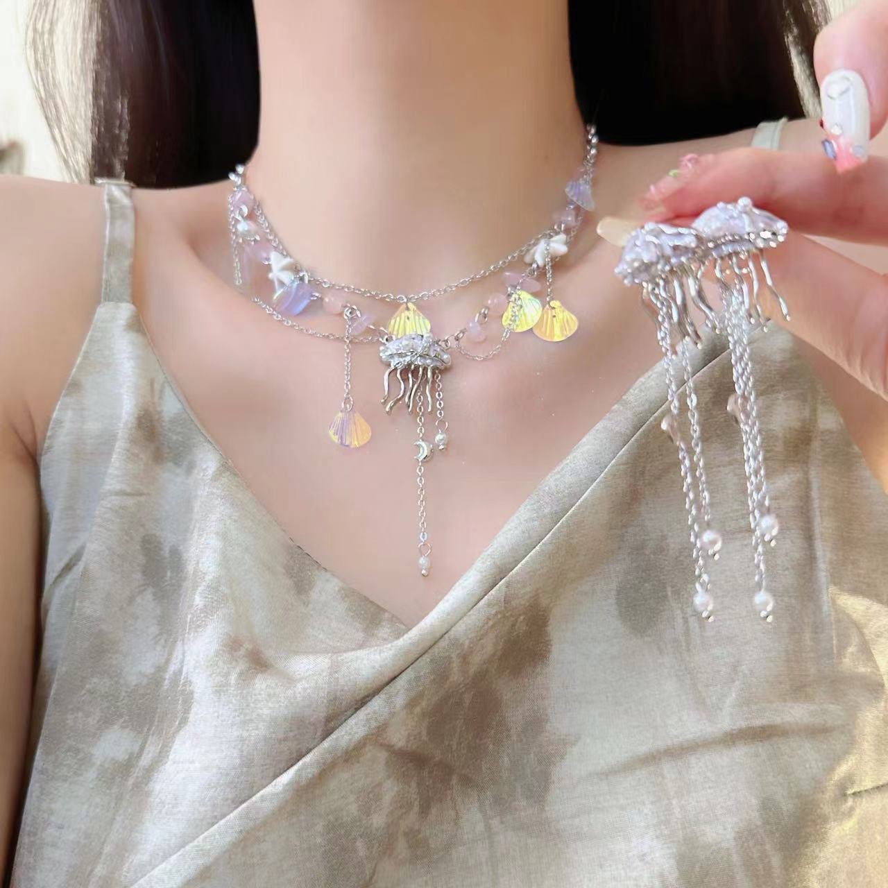 Y2K Heavy Industry Iridescent Pearl Oil and Water Mother Tassel Necklace for Girls, Super Fairy Culture Sweet and Cool Earrings and necklace