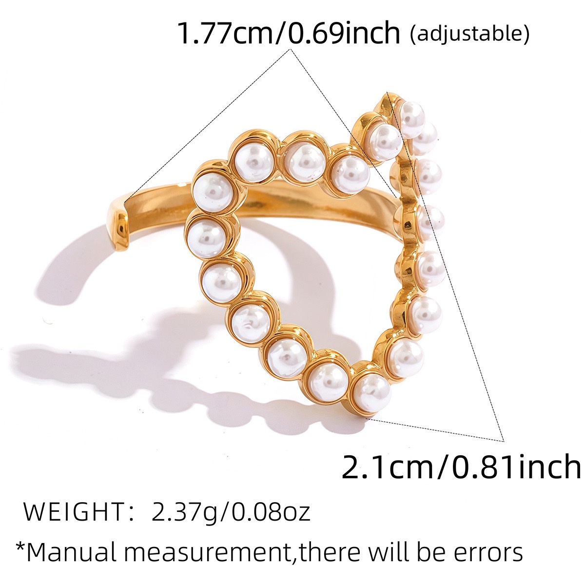欧美跨境饰品不锈钢镂空爱心珍珠开口戒指简约时尚个性戒指白底实物图