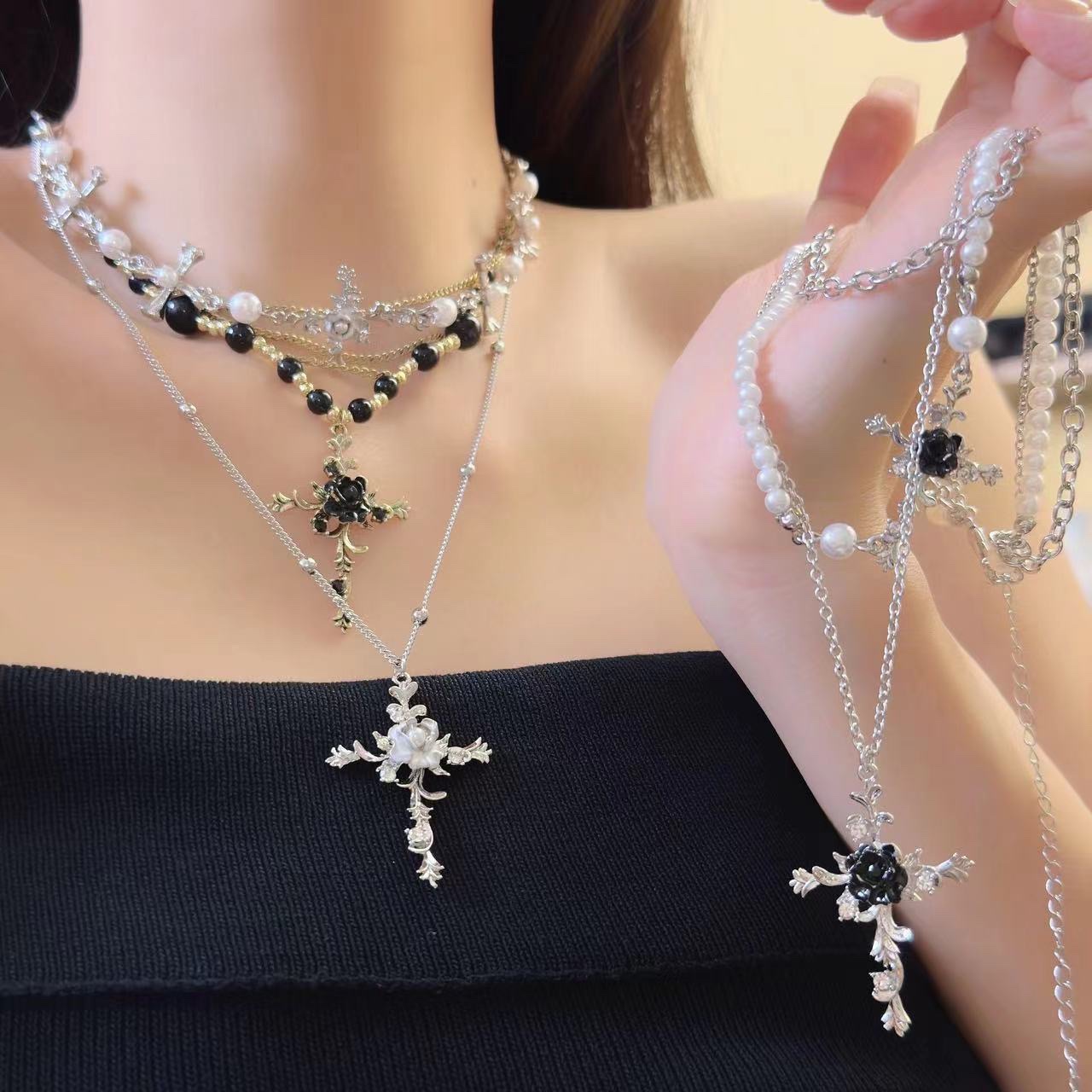 Hip-hop street girls' cross rose flower necklace, female beaded layering, chocker gothic collarbone chain, cool and trendy