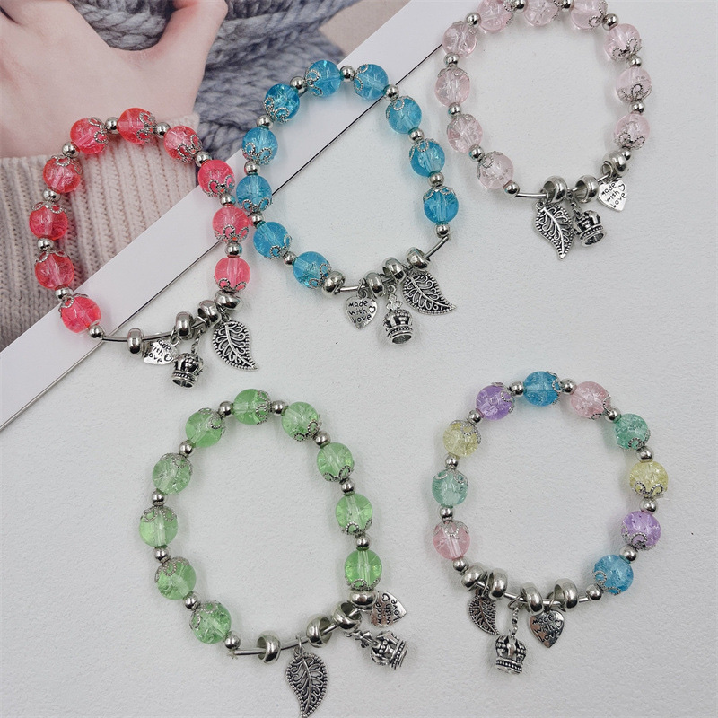 New floral crystal glass bead bracelet, imitation Thai silver pendant bead bracelet, student jewelry, small gift, 2-yuan store