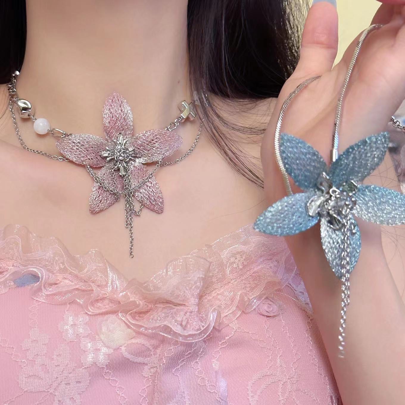 Sweet and cool pink lace woven flower necklace, original design for women, exaggerated little chanel-style neckchain, tassel earrings wholesale details Picture