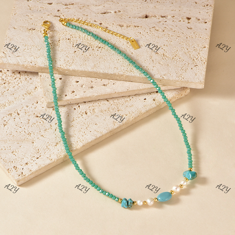 Stainless steel, copper accessories, natural stone, pearl and crystal necklace, popular elements, seaside vacation style bracelet details Picture