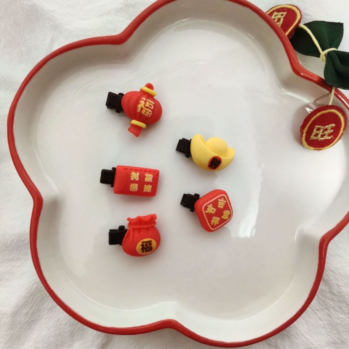 女童过年头饰新年发圈元宝发夹新款吉祥如意恭喜发财发夹边夹发饰