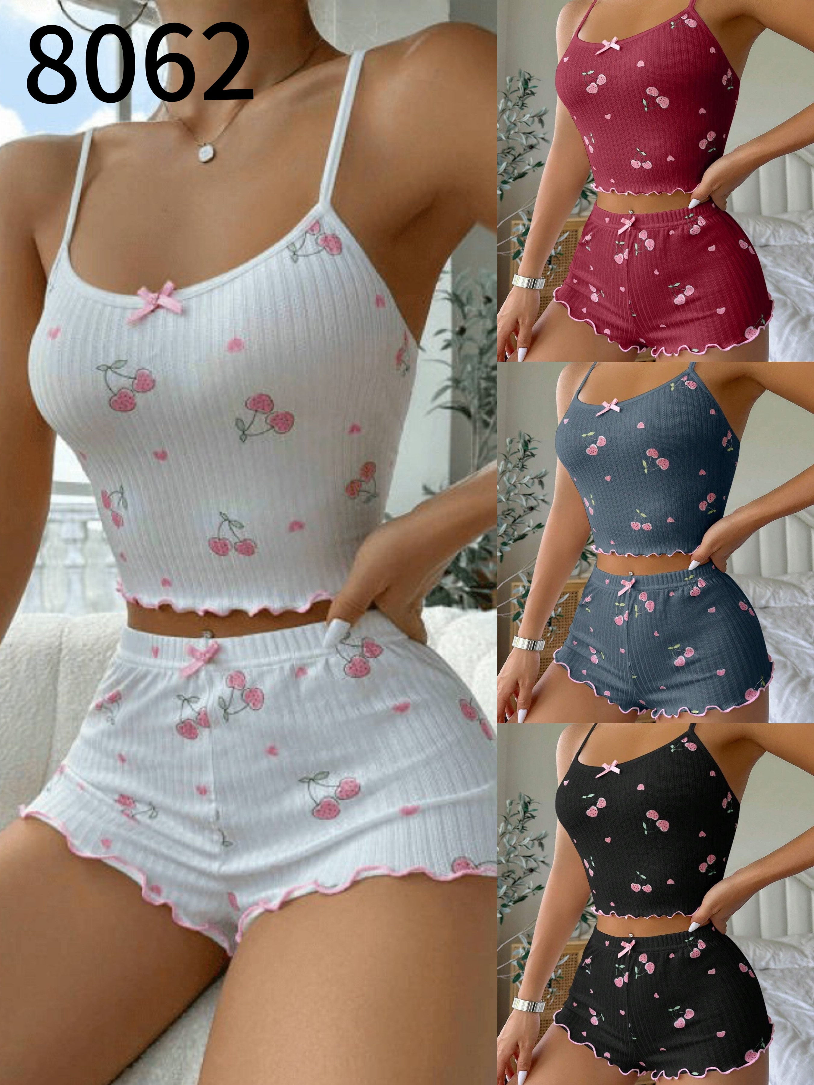 The sexy halter vest pajama women's set with a bow is perfect for Little Cherry's summer new slimming and form-fitting home wear