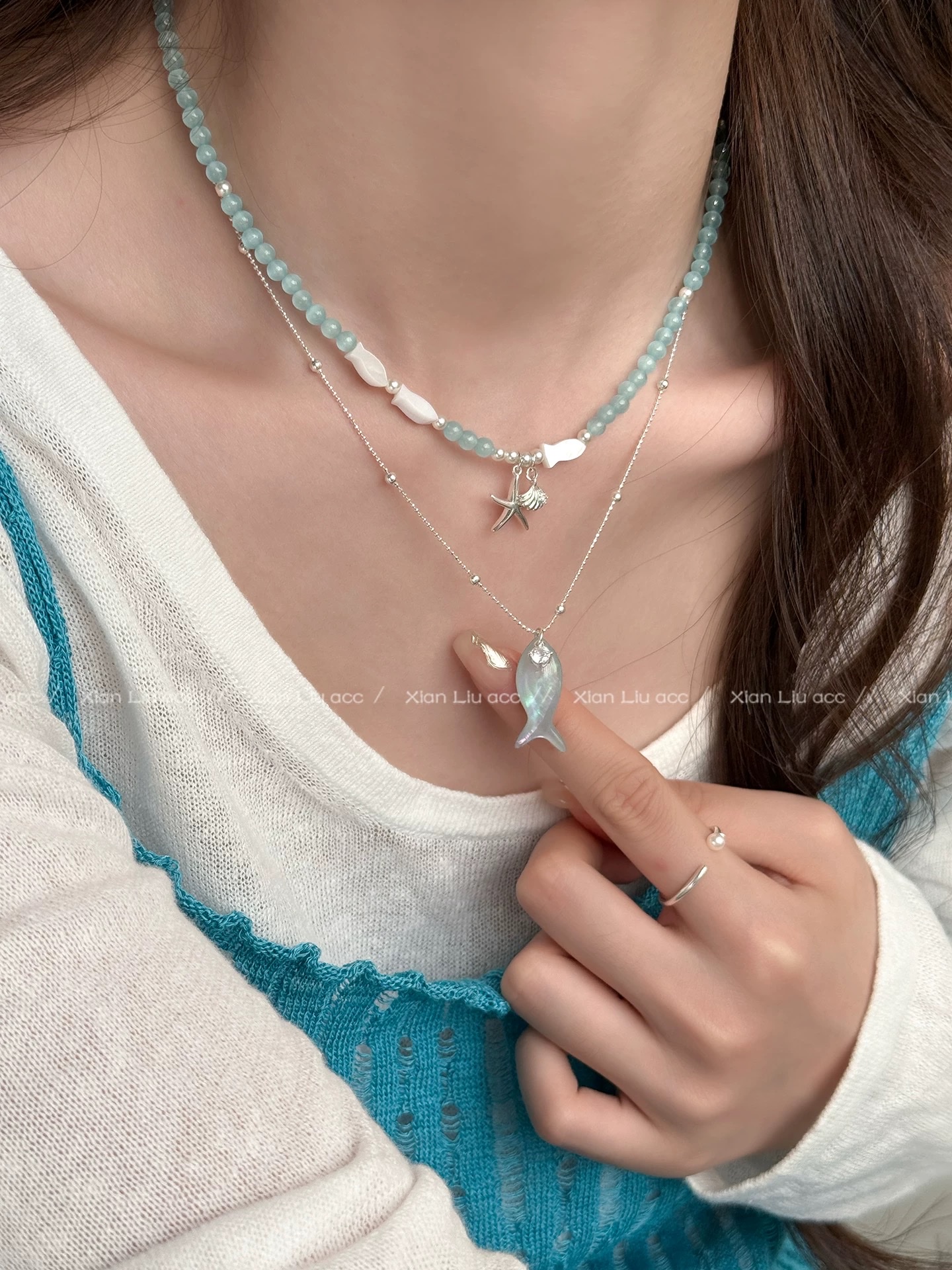 Aquamarine Little Fish Pendant Necklace for women 2026, new style starfish beaded necklace, light luxury and high-end collarbone chain accessory, natural stone pearl silver jewelry necklace, pure elegance, fashion, versatile, simple design necklace detail image 3