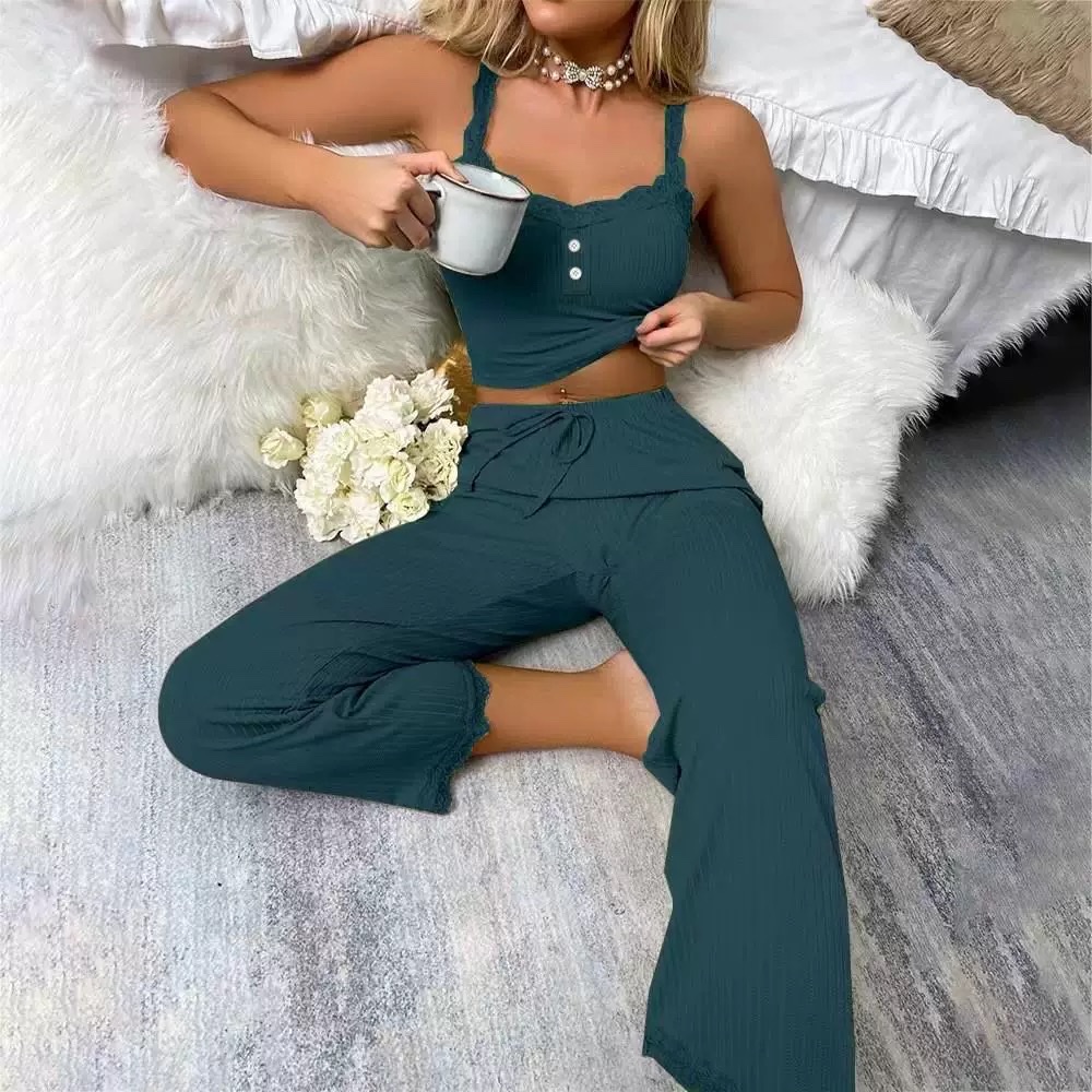 A two-piece set of pajama women's lace lace halter pants and hot girl women's home wear, with a light luxury feel Specification image