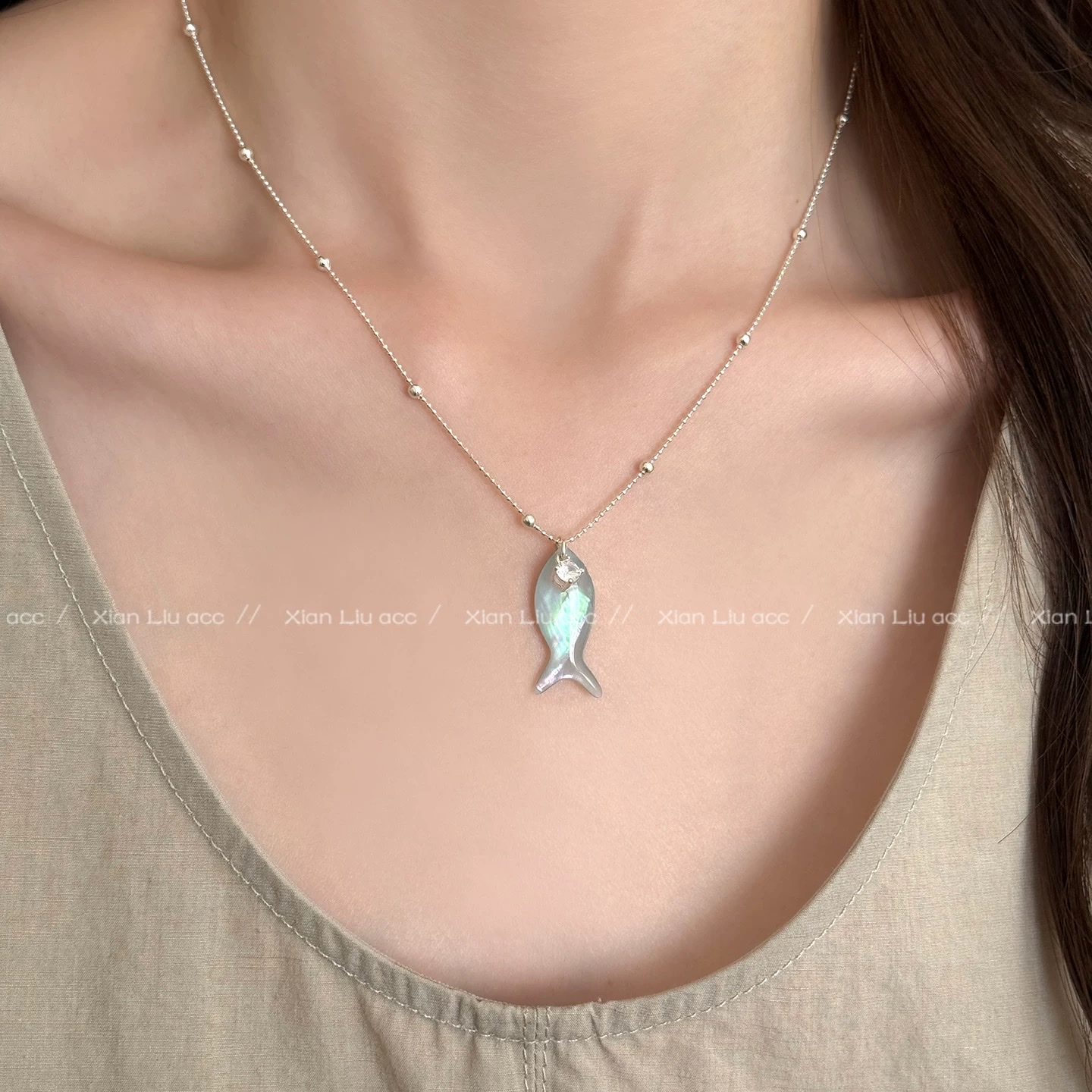 Aquamarine Little Fish Pendant Necklace for women 2026, new style starfish beaded necklace, light luxury and high-end collarbone chain accessory, natural stone pearl silver jewelry necklace, pure elegance, fashion, versatile, simple design necklace detail image 8