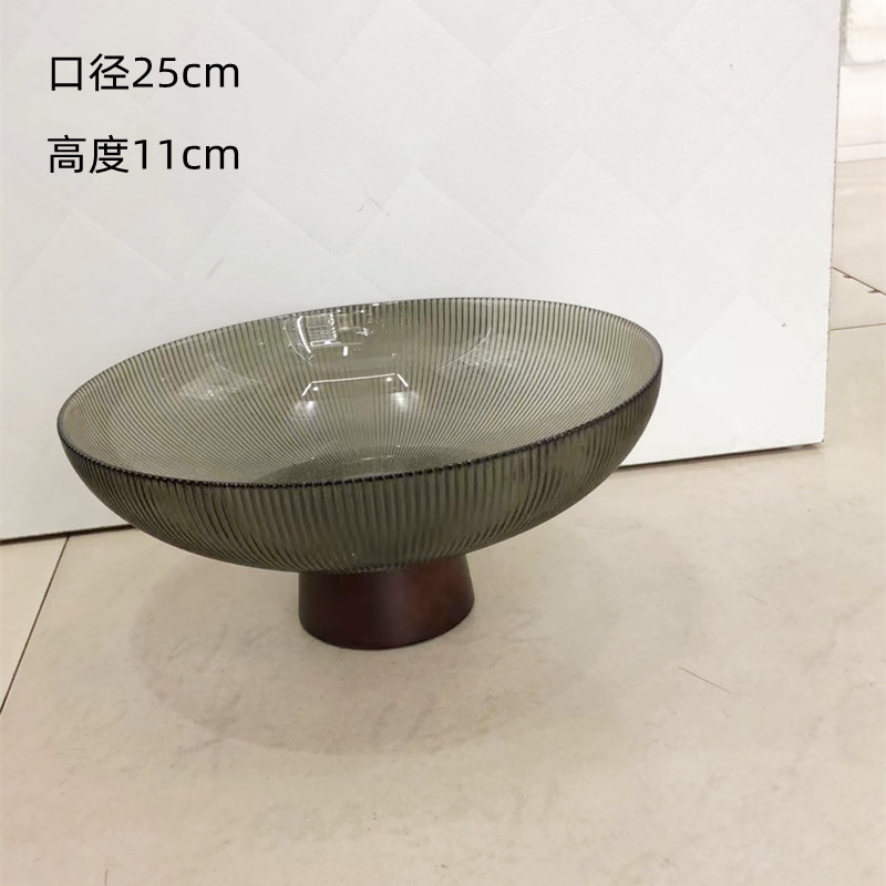 Wooden base, glass plate, transparent glass plate, smoke grey glass plate, household fruit plate details Picture