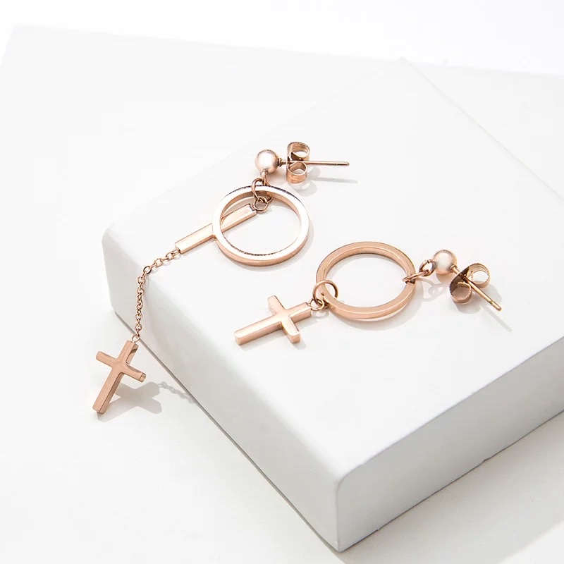 Korean version AB style earrings, titanium steel cross earrings, women's fashion rose gold trendy earrings Specification image