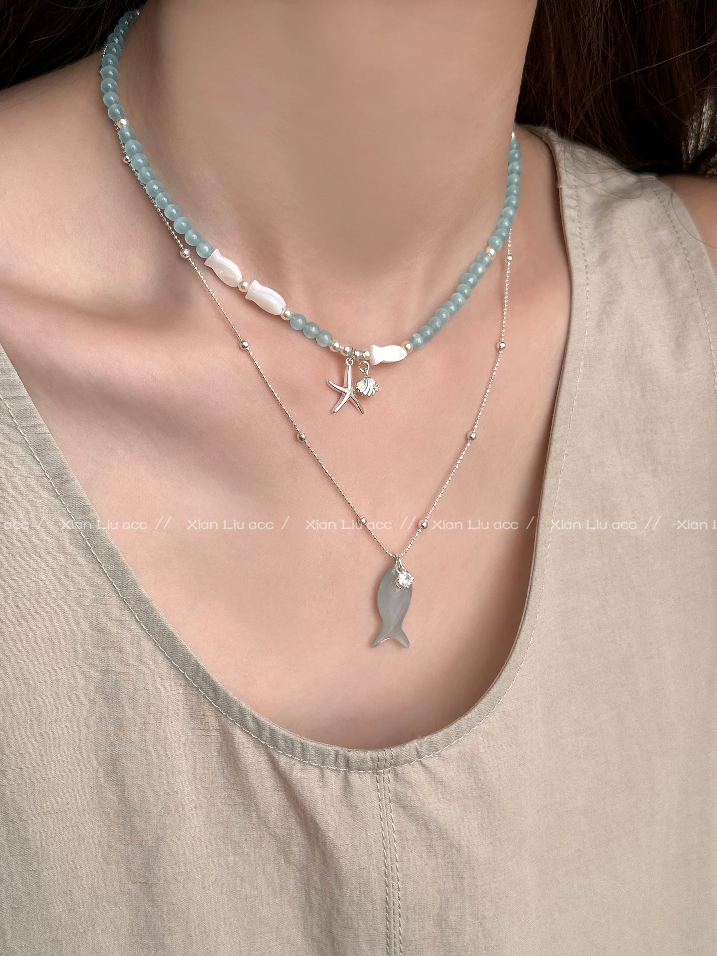 Aquamarine Little Fish Pendant Necklace for women 2026, new style starfish beaded necklace, light luxury and high-end collarbone chain accessory, natural stone pearl silver jewelry necklace, pure elegance, fashion, versatile, simple design necklace Application Scenario
