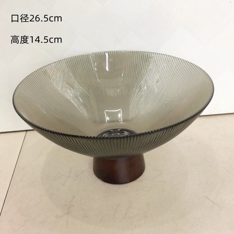Wooden base, glass plate, transparent glass plate, smoke grey glass plate, household fruit plate