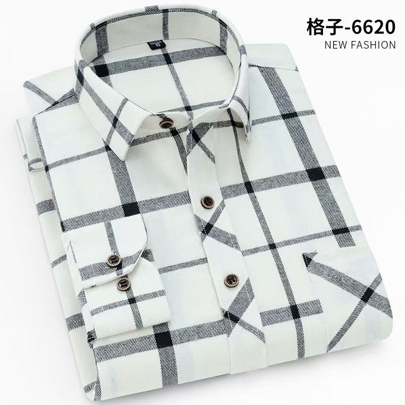 Men's brushed plaid long-sleeved shirt, casual, breathable, comfortable and slimming style Specification image