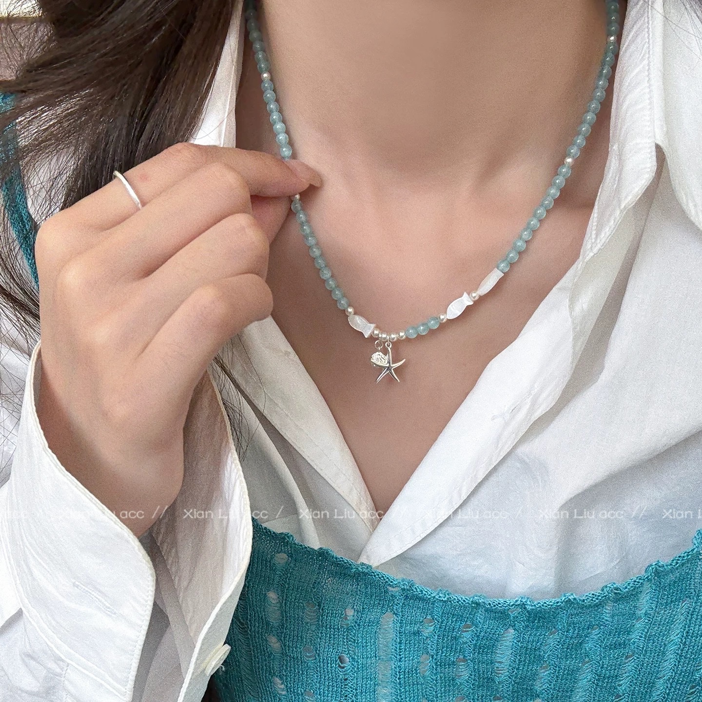 Aquamarine Little Fish Pendant Necklace for women 2026, new style starfish beaded necklace, light luxury and high-end collarbone chain accessory, natural stone pearl silver jewelry necklace, pure elegance, fashion, versatile, simple design necklace detail image 9