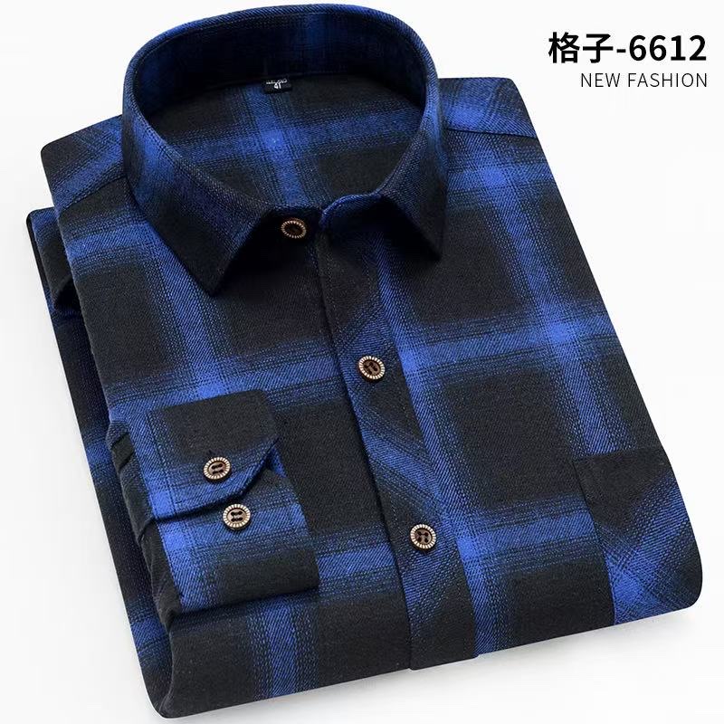 Men's brushed plaid long-sleeved shirt, casual, breathable, comfortable and slimming style Item Picture