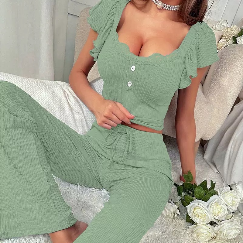 Pajama women's lace-trimmed halter pants, hot girl women's home wear two-piece set, light luxury pajama Application Scenario