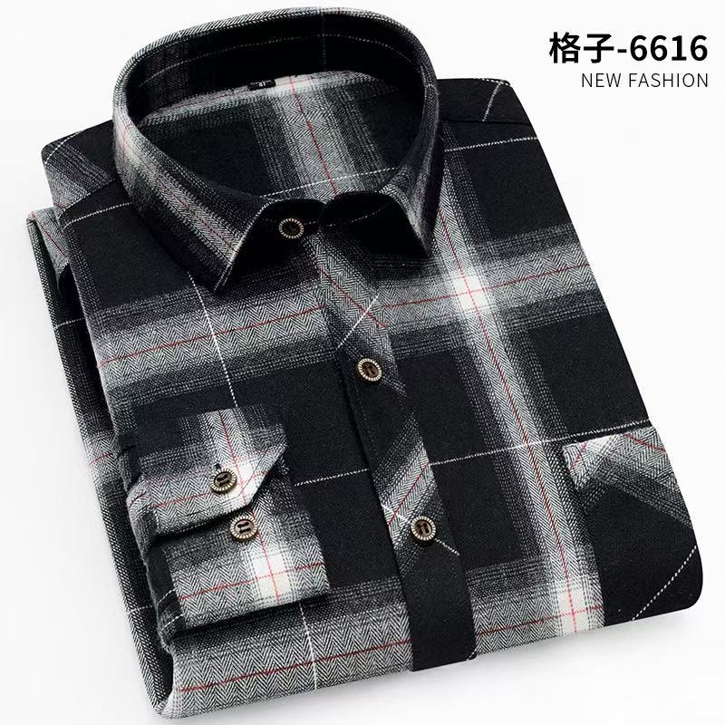 Men's brushed plaid long-sleeved shirt, casual, breathable, comfortable and slimming style details Picture