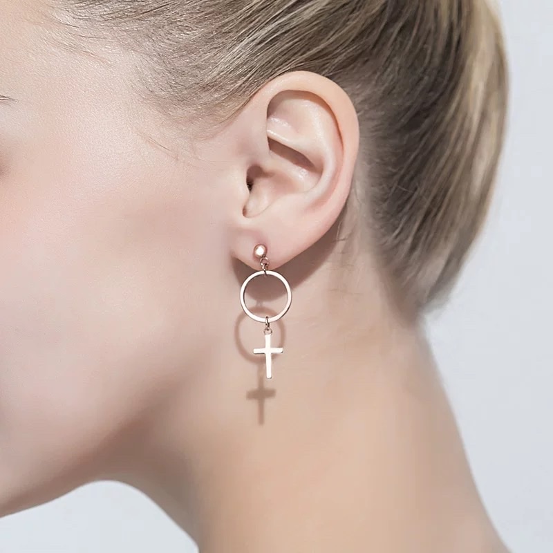 Korean version AB style earrings, titanium steel cross earrings, women's fashion rose gold trendy earrings details Picture