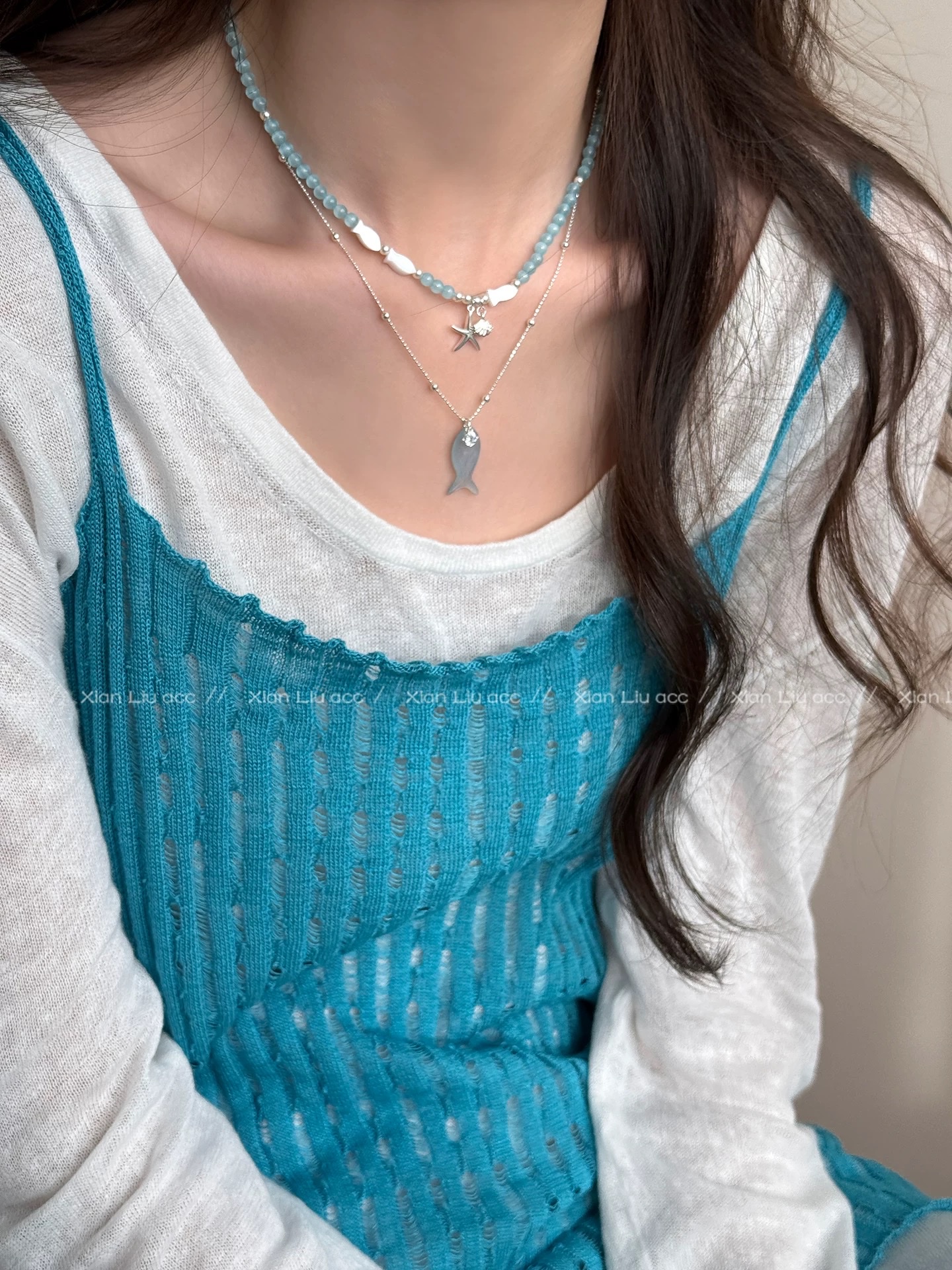 Aquamarine Little Fish Pendant Necklace for women 2026, new style starfish beaded necklace, light luxury and high-end collarbone chain accessory, natural stone pearl silver jewelry necklace, pure elegance, fashion, versatile, simple design necklace