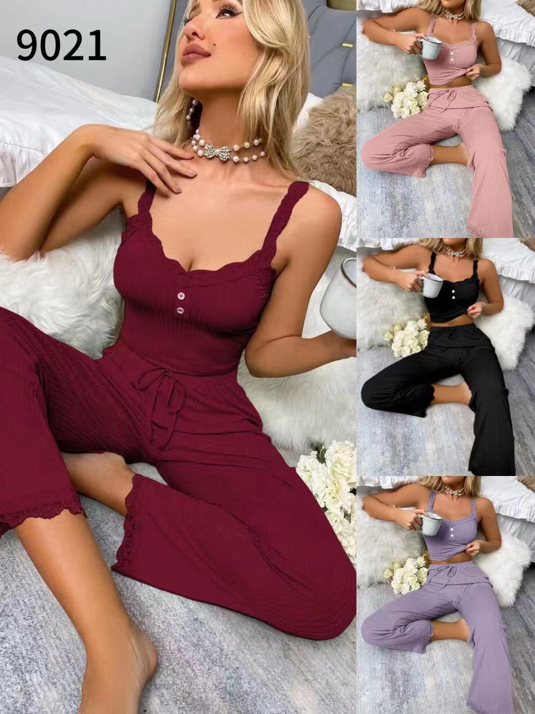 A two-piece set of pajama women's lace lace halter pants and hot girl women's home wear, with a light luxury feel