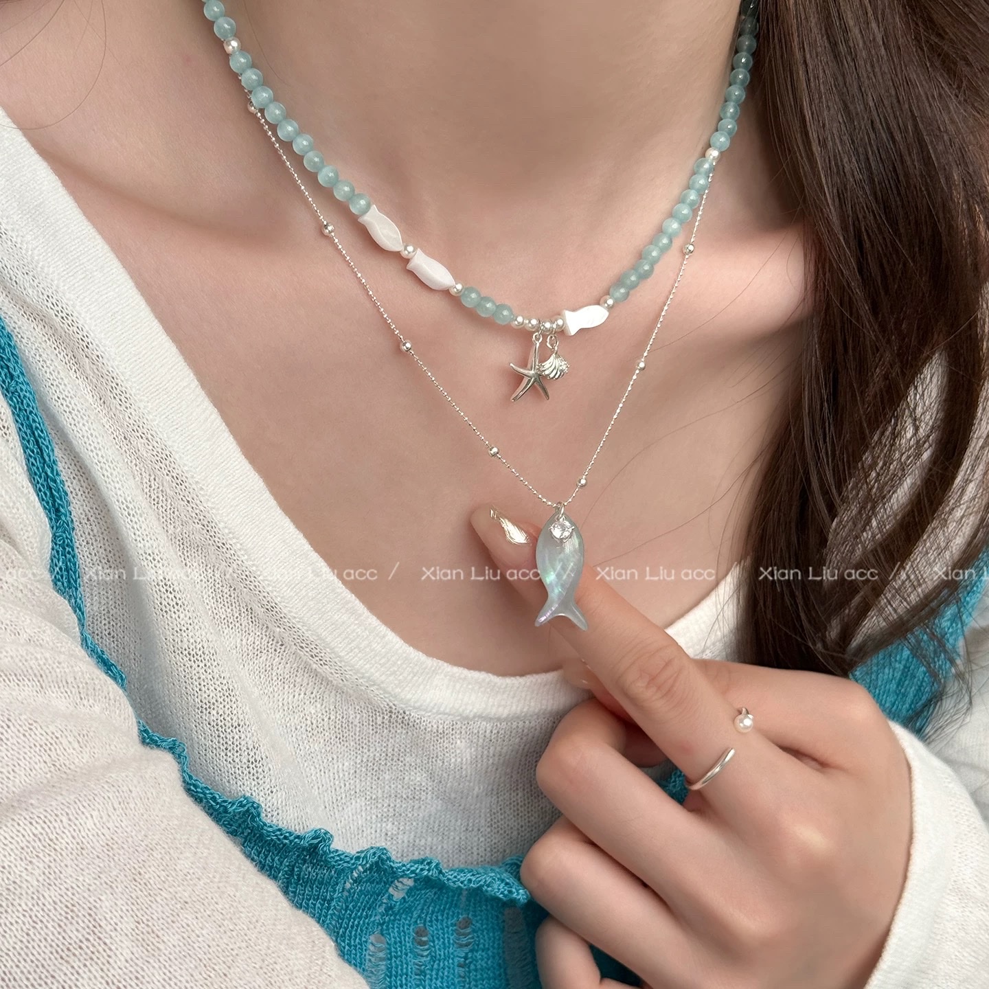 Aquamarine Little Fish Pendant Necklace for women 2026, new style starfish beaded necklace, light luxury and high-end collarbone chain accessory, natural stone pearl silver jewelry necklace, pure elegance, fashion, versatile, simple design necklace detail image 10