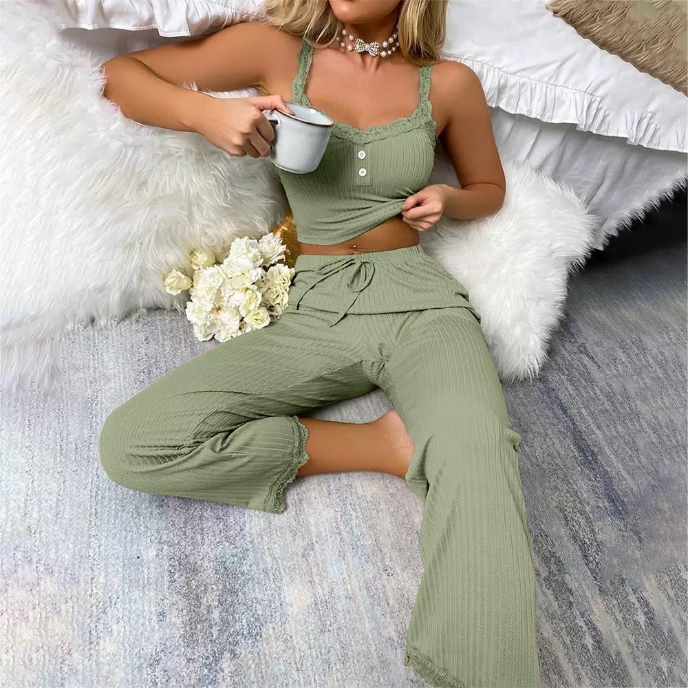 A two-piece set of pajama women's lace lace halter pants and hot girl women's home wear, with a light luxury feel details Picture