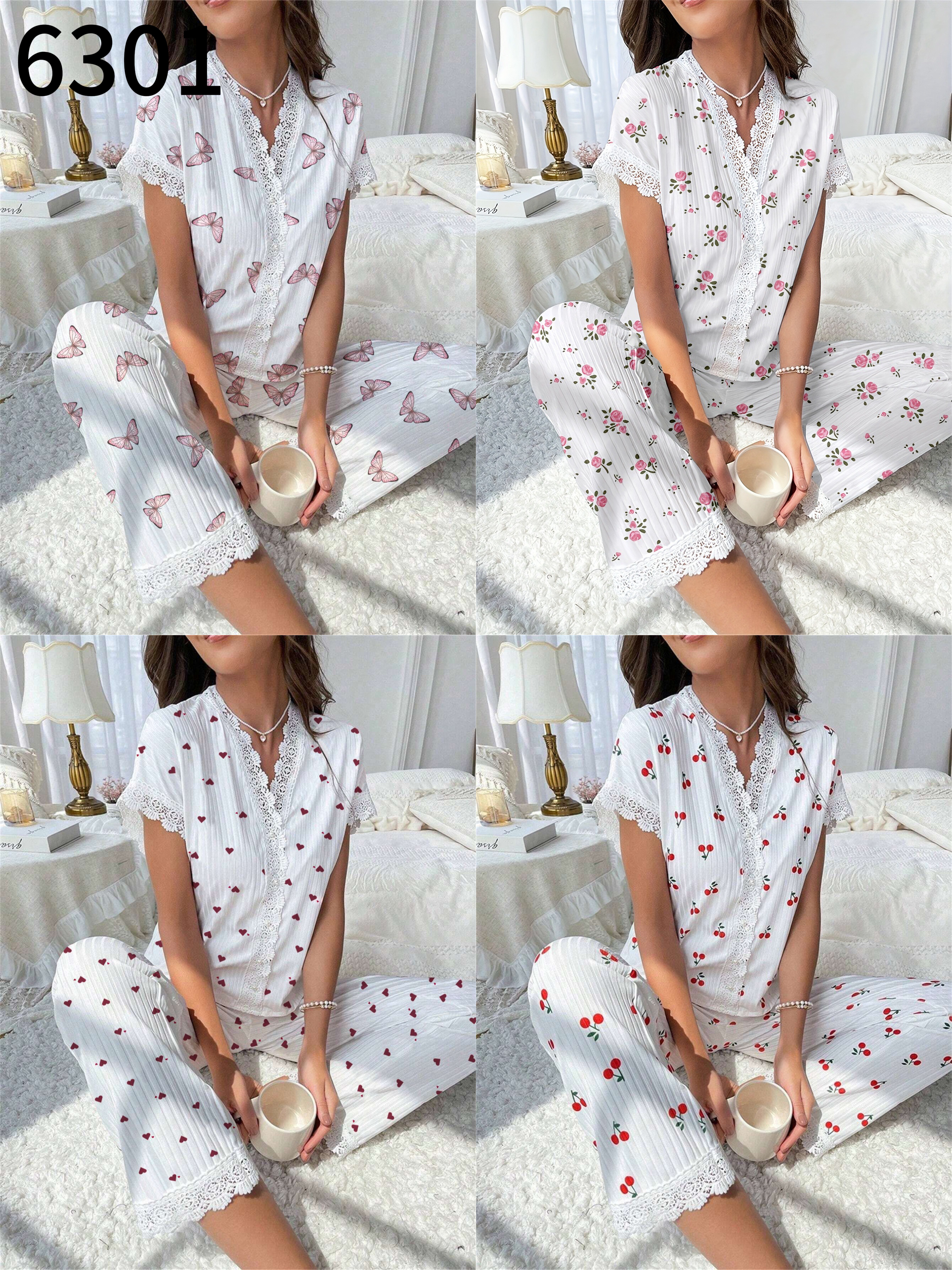 Amazon cross-border bestsellers: Home wear with butterfly print, water-soluble embroidered edges, short-sleeved shirts, long pants, pajamas for women, European and American style detail image 6