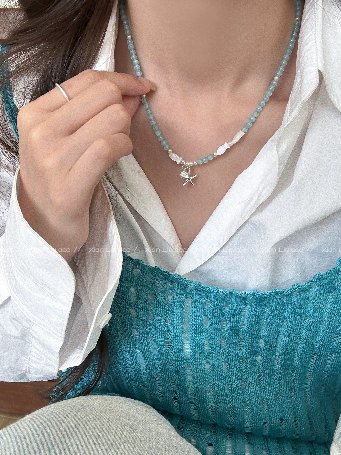 Aquamarine Little Fish Pendant Necklace for women 2026, new style starfish beaded necklace, light luxury and high-end collarbone chain accessory, natural stone pearl silver jewelry necklace, pure elegance, fashion, versatile, simple design necklace Specification image