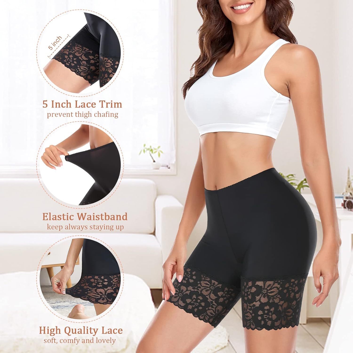 European and American cross-border wide lace-trimmed safety pants, anti-glare three-part leggings, high-waisted and tight-fitting shorts for women detail image 4