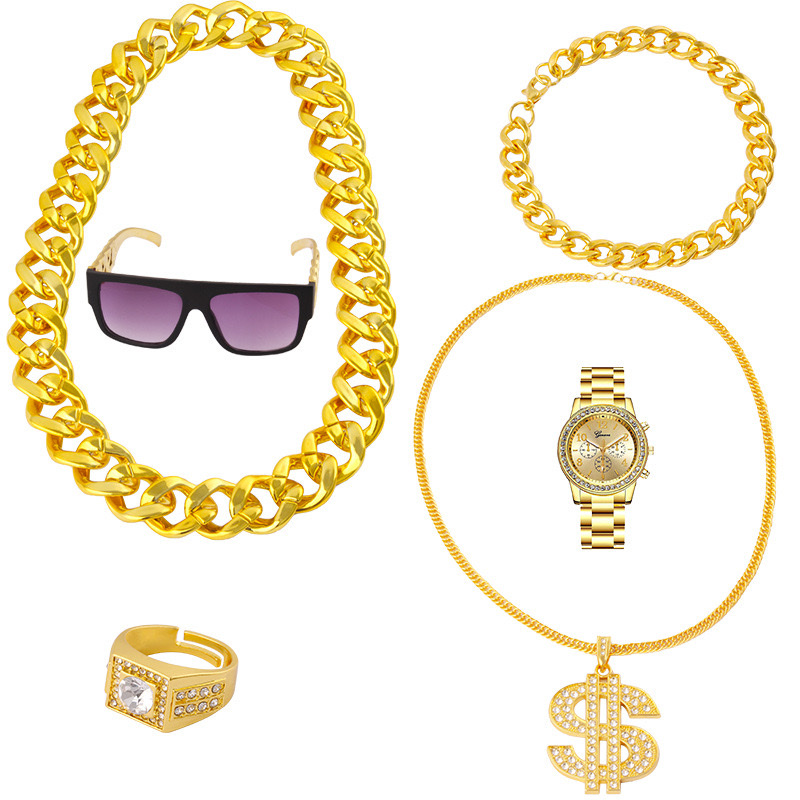 Hip-hop accessory set, exaggerated rap accessories, sunglasses, large gold chain, US dollar pendant, ring, large gold watch accessory set Specification image