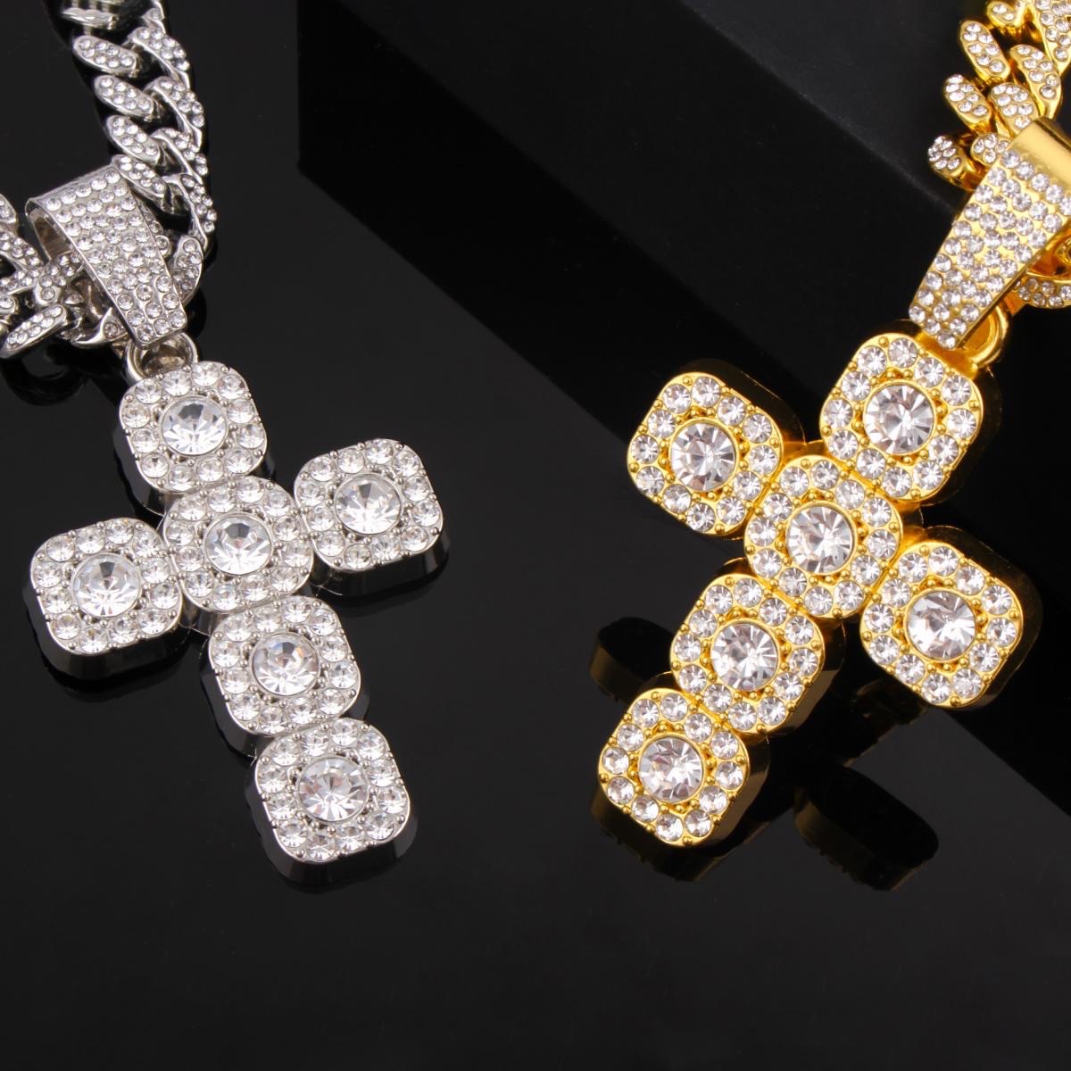 Hip-hop Full Diamond Cross Pendant necklace, Square rock sugar diamond cross Full diamond Cuban necklace, large diamond cross pendant necklace