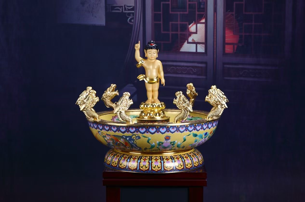 九龙吐水浴佛盆，材质：纯铜 合金  汉白玉 玻璃钢 均可定制
尺寸：盆直径60cm 75cm 85cm 108cm佛具用产品图