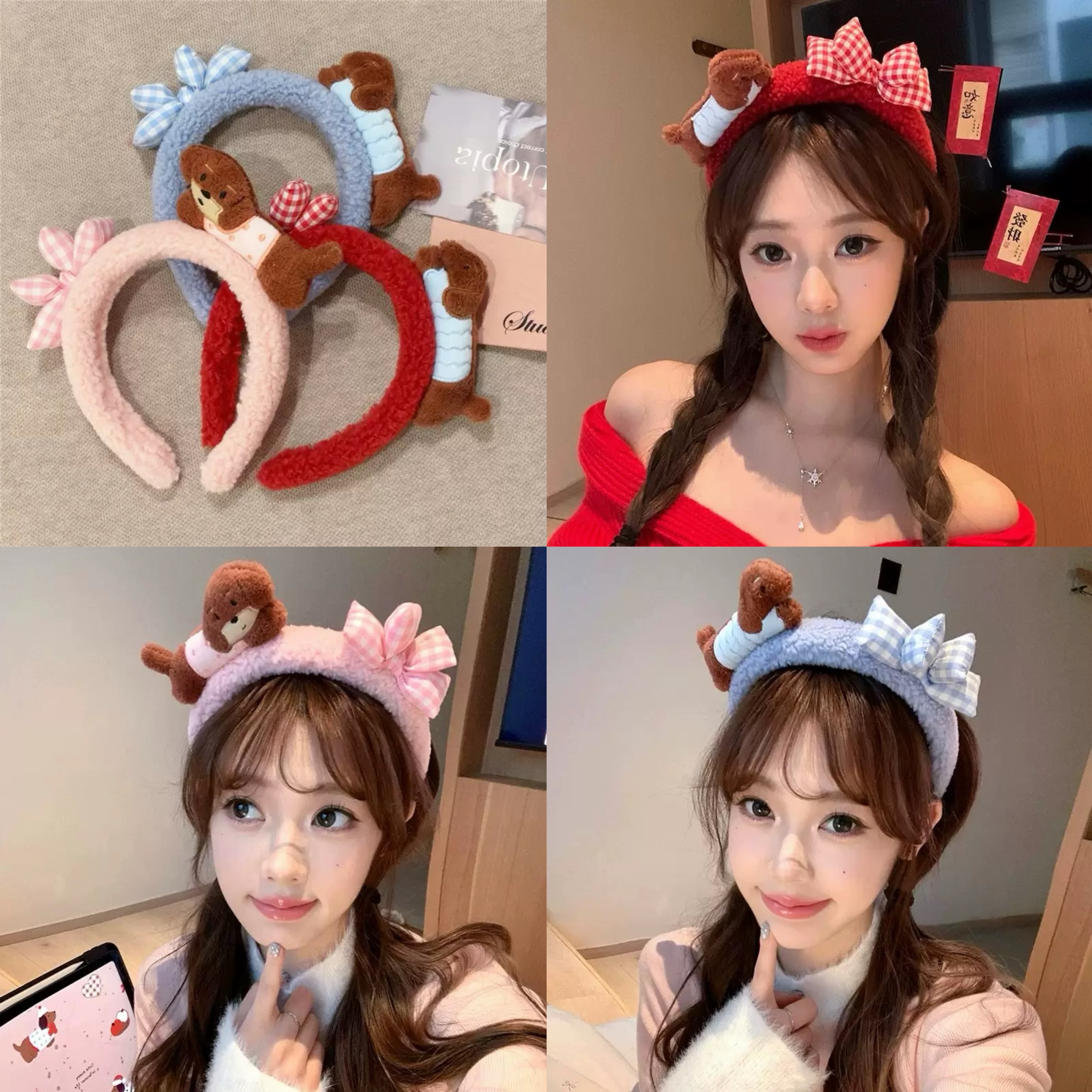 Cartoon cute face-washing hair band, Dachshund bow, plush headband and headwear detail image 3