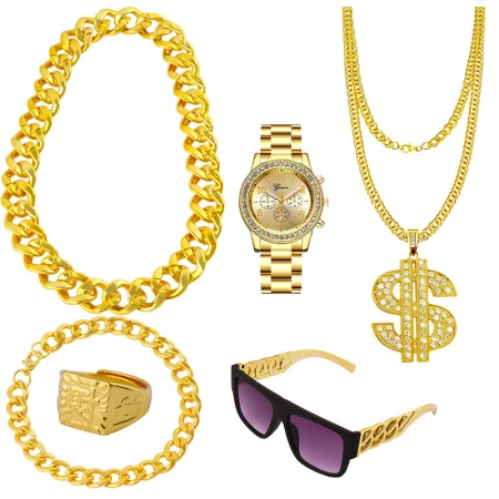 Hip-hop accessory set, exaggerated rap accessories, sunglasses, large gold chain, US dollar pendant, ring, large gold watch accessory set Hip-hop accessory set, exaggerated rap accessories, sunglasses, large gold chain, US dollar pendant, ring, large gold watch accessory set
