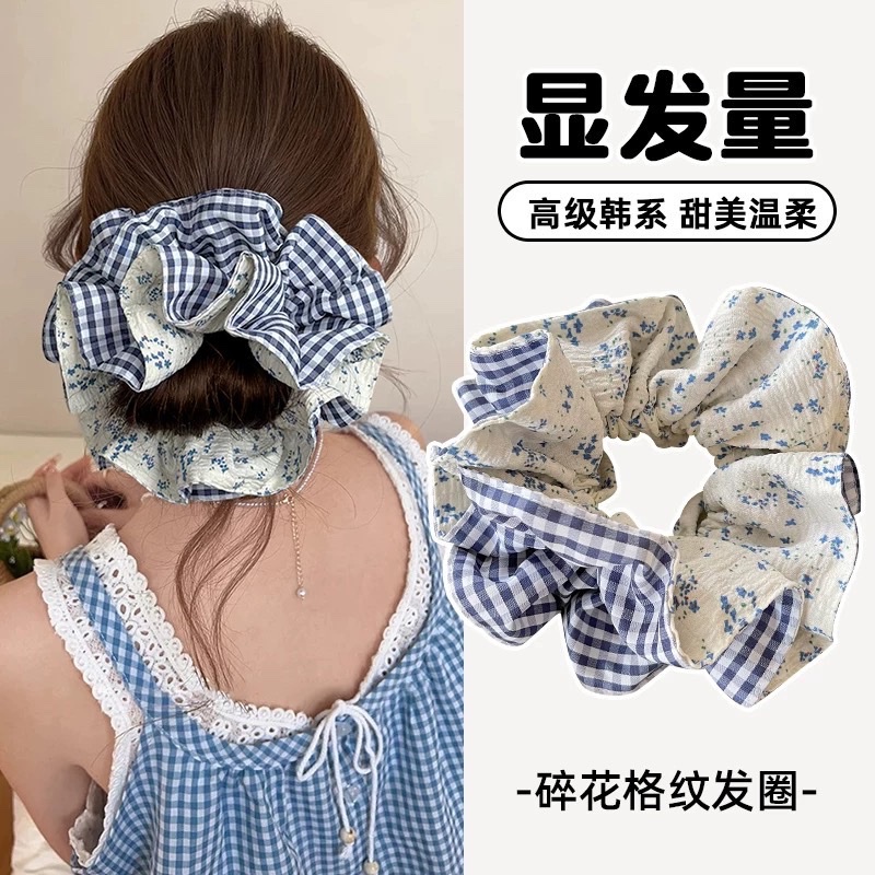 New floral checkered large intestine ring, fashionable double-layer design headband, versatile for girls' ponytail tie, elegant headband detail image 3