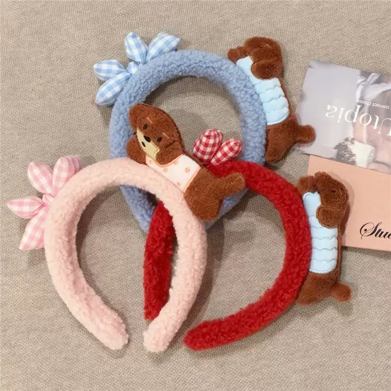 Cartoon cute face-washing hair band, Dachshund bow, plush headband and headwear Specification image
