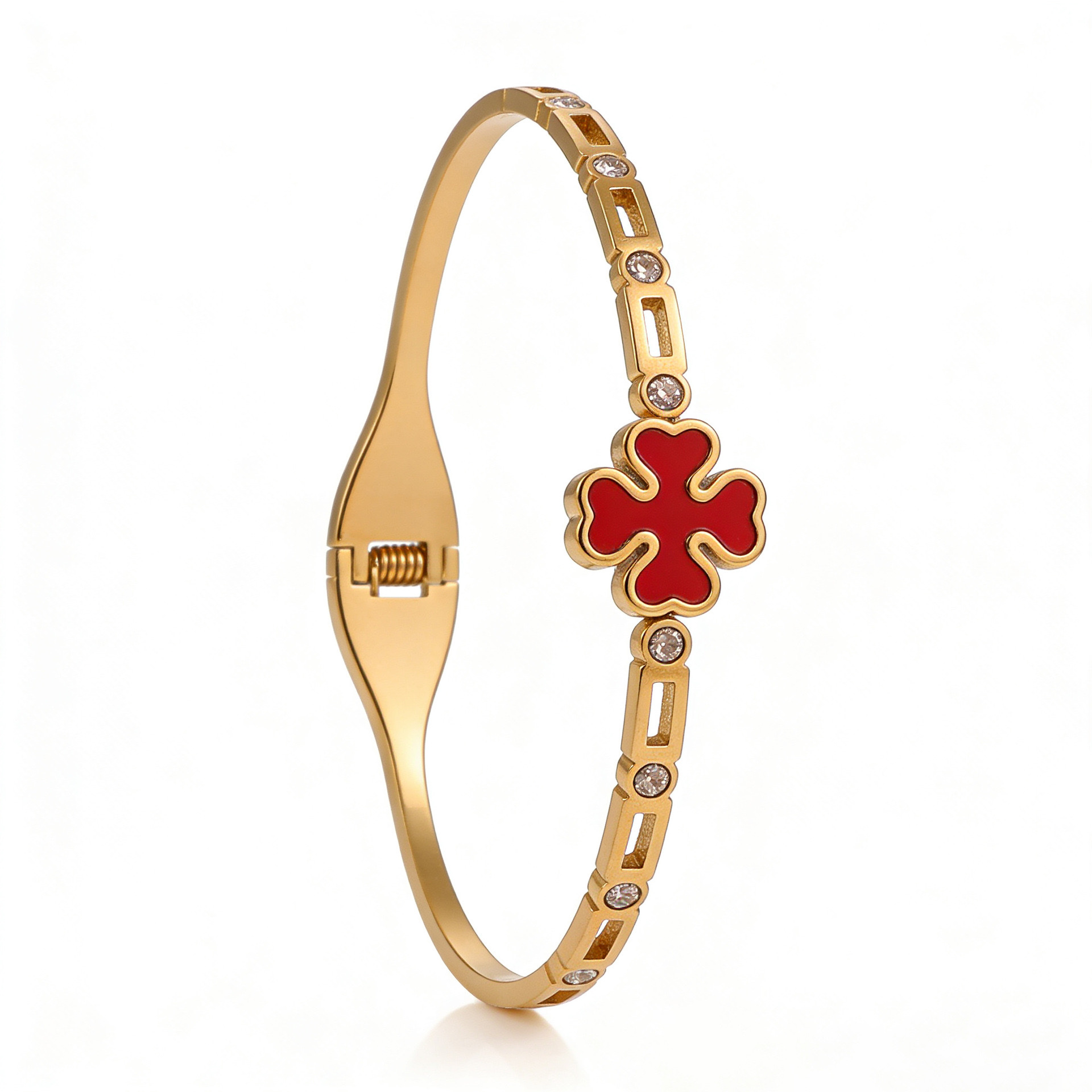Factory direct supply of stainless steel gold-plated bracelet, red enamel four-leaf clover series diamond-encrusted hollow titanium steel bracelet jewelry