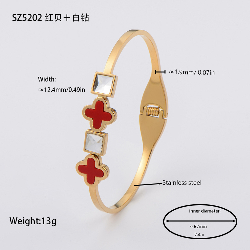 Factory direct supply of stainless steel gold-plated bracelet, red enamel four-leaf clover series diamond-encrusted hollow titanium steel bracelet jewelry detail image 9
