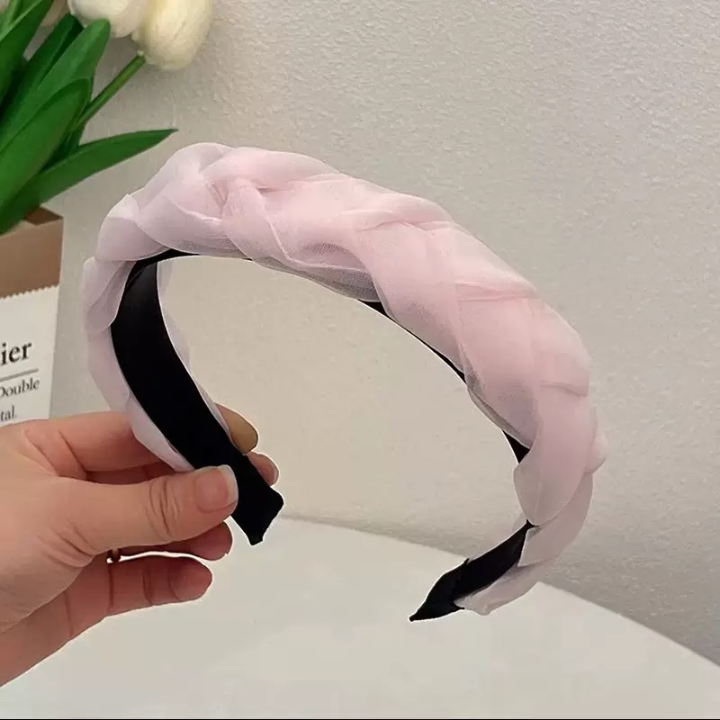Korean version of Organza solid color mesh woven twisted large versatile headband, French retro headband for girls detail image 4